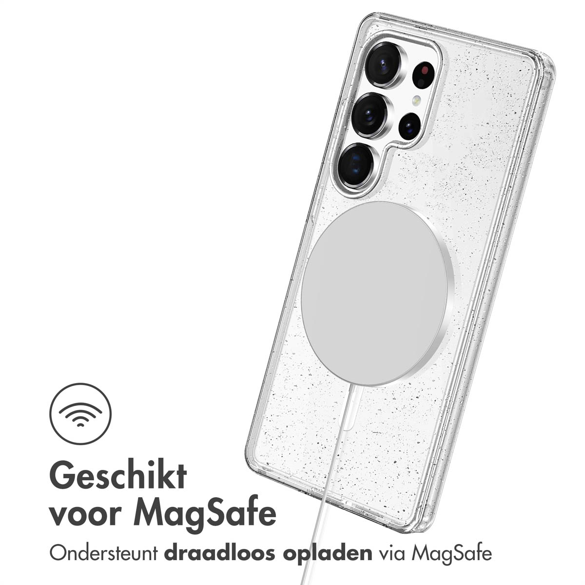 Transparante glitter telefoonhoes met witte MagSafe oplader. Text: Geschikt voor MagSafe.