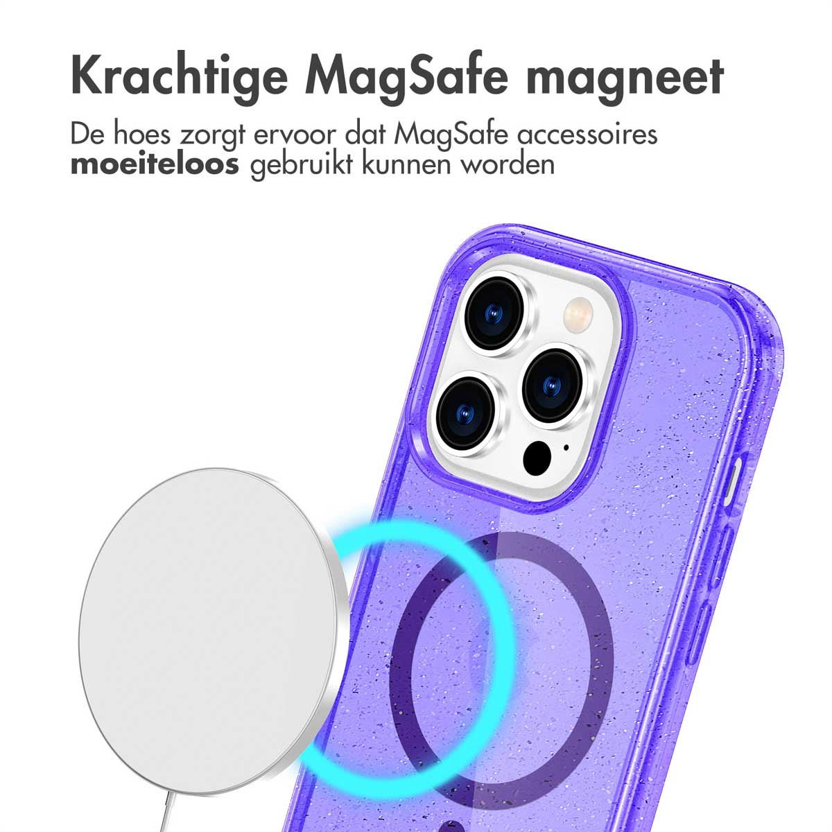 Coque de téléphone violette avec chargeur magsafe. Texte en néerlandais. Téléphone sur fond blanc.