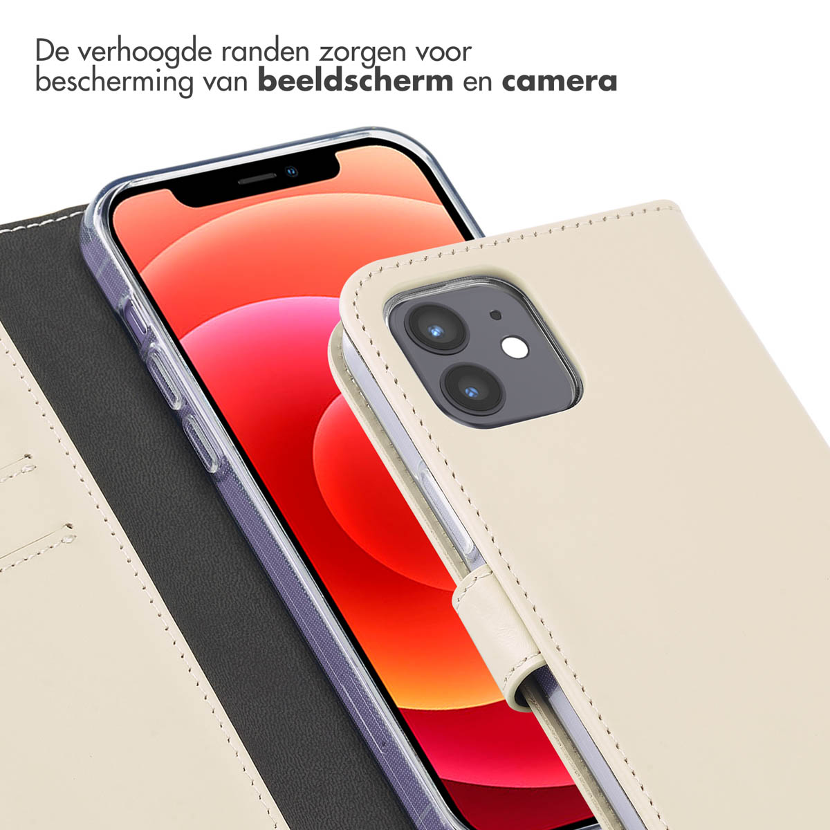 Telefoonhoes die een telefoon bedekt. De hoes is beige en de telefoon is rood met een camera.