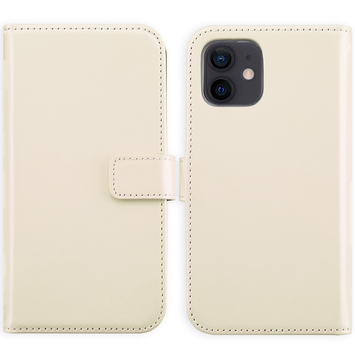 Beige telefoonhoes, opengeklapt om de telefoon te tonen. De hoes heeft een sluiting en stiksels.
