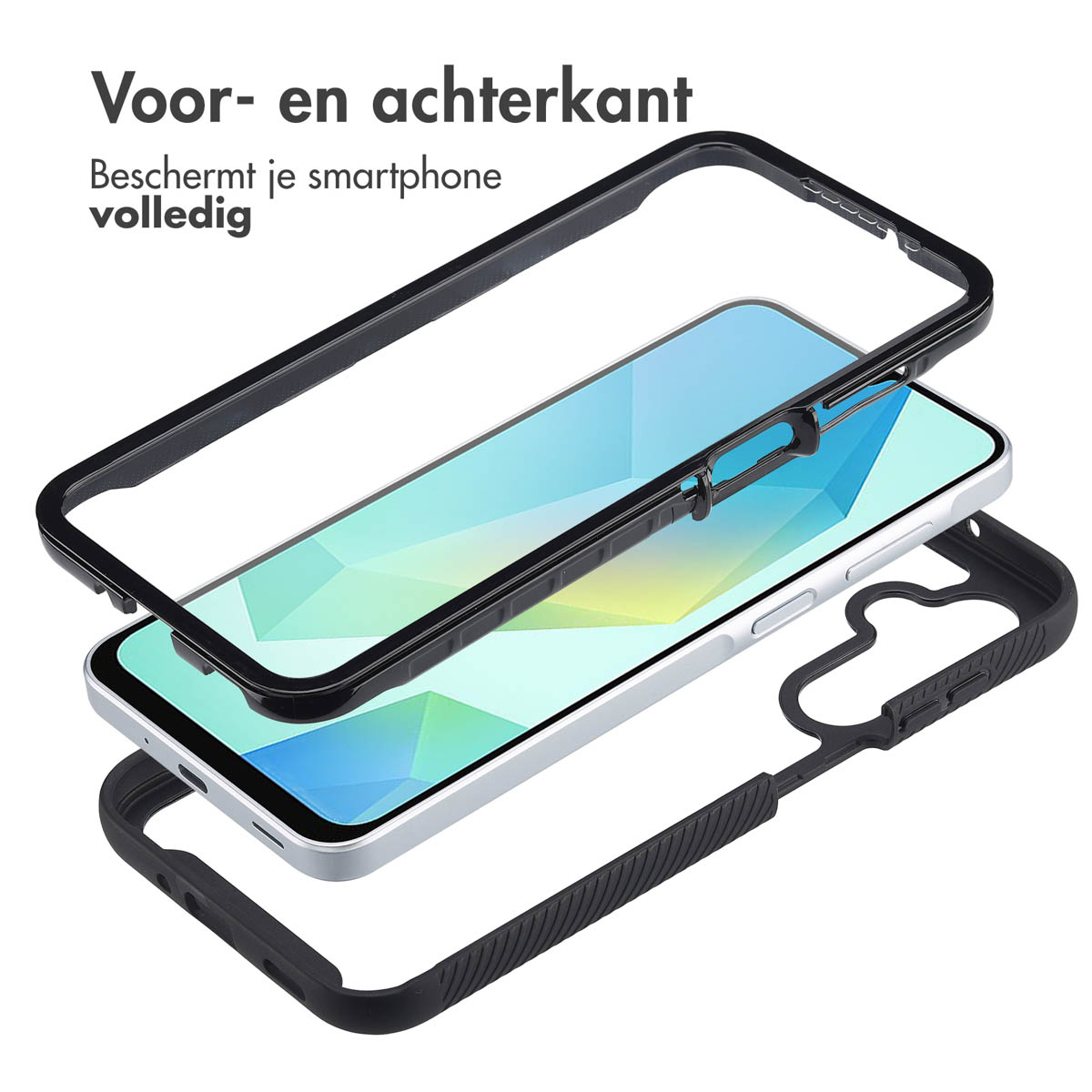 Un téléphone entre trois couches de protection. Le téléphone est démonté avec chaque composant visible.