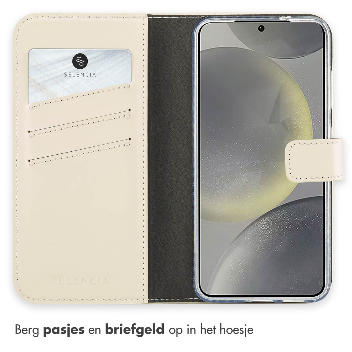 Offene cremefarbene Handyhülle mit Kartenfächern und Telefon. Karte hat Logo.