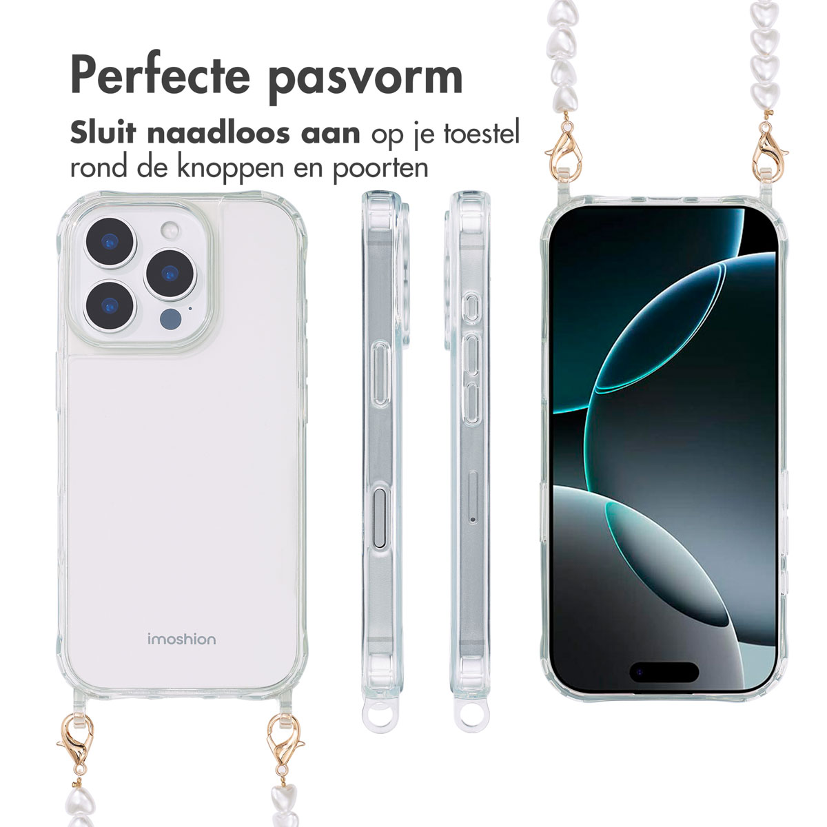 Een telefoon in een transparante hoes, vanuit verschillende hoeken getoond, met een parelketting eraan.