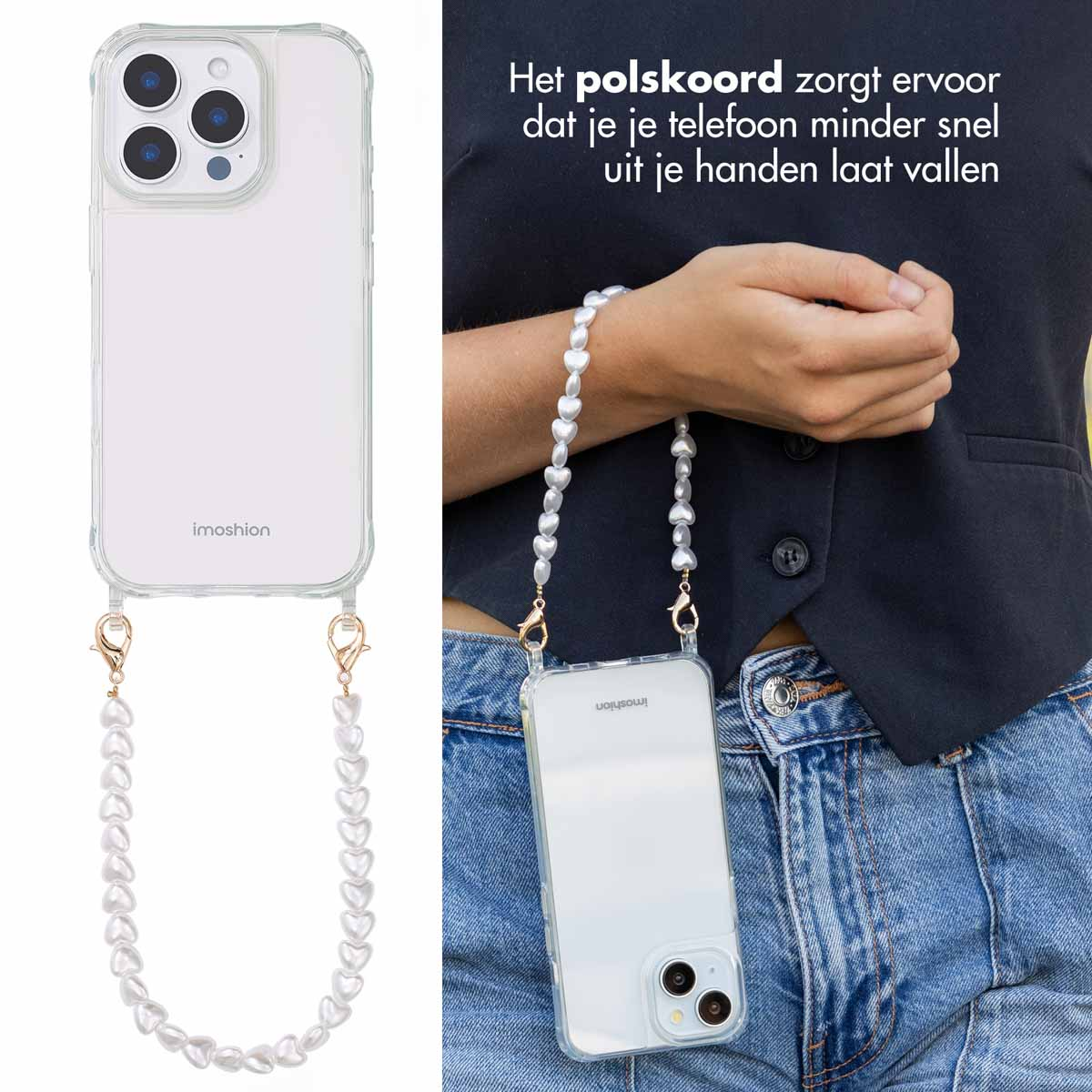 Persoon die een telefoon vasthoudt met een witte parelriem. Op de telefoon staat 'imoshion'.