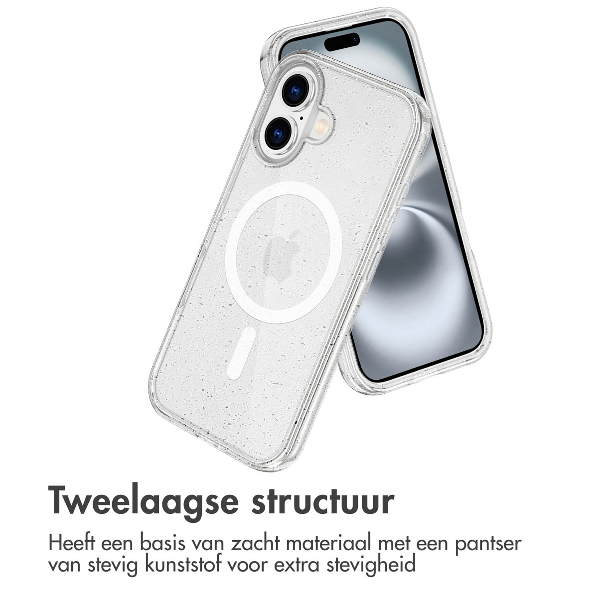 Transparant telefoonhoesje, met een telefoon erin. Tekst over elkaar.
