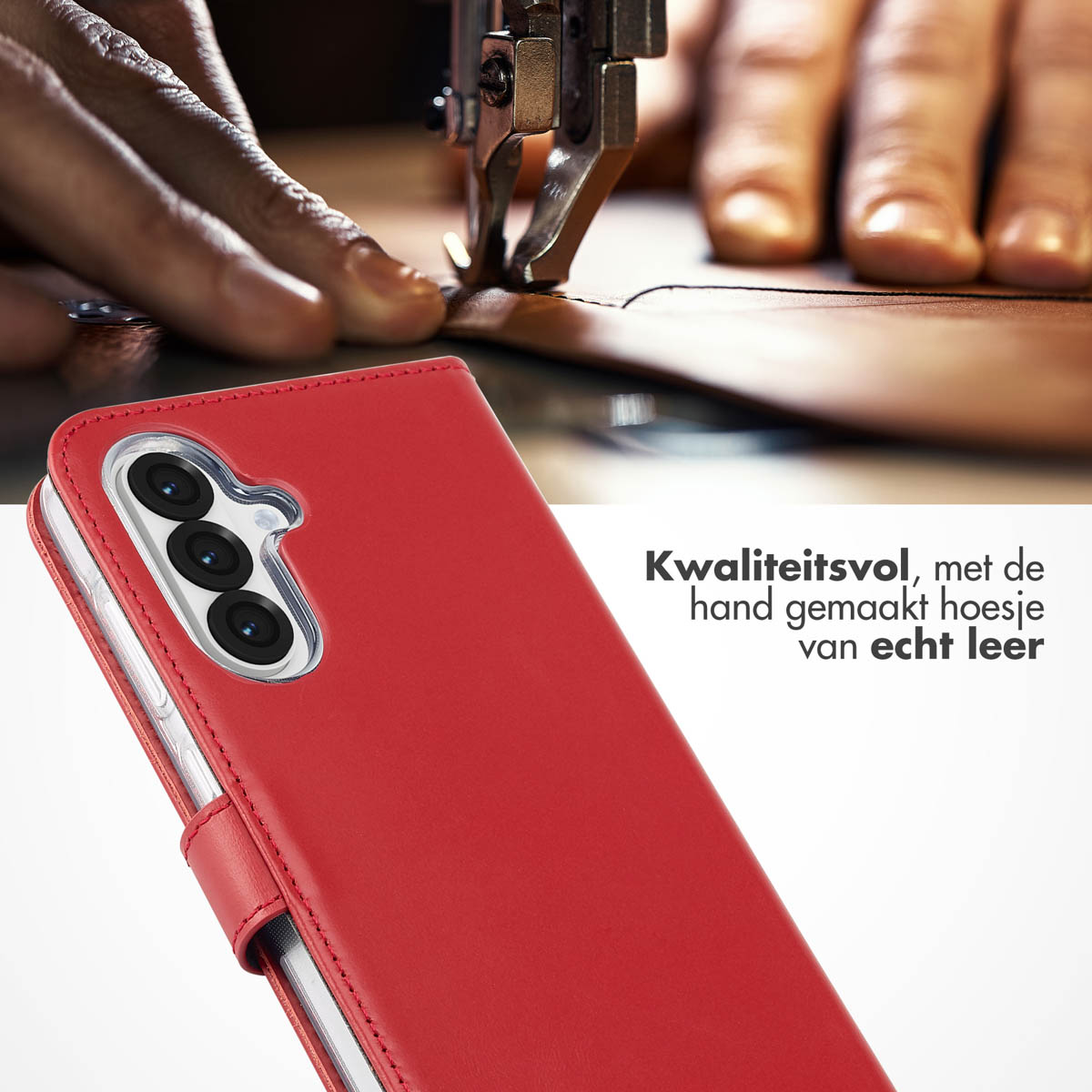 Een telefoon in een rood leren hoesje. De tekst luidt 'Kwaliteit, handgemaakt hoesje van echt leer'.