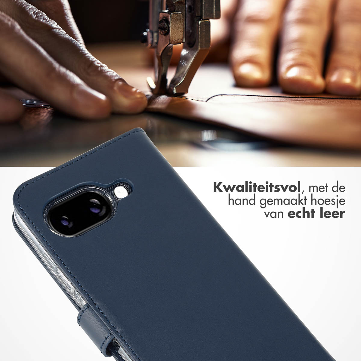 Een telefoonhoesje van leerachtig materiaal, gemaakt met een naaimachine. Toont kwaliteit.