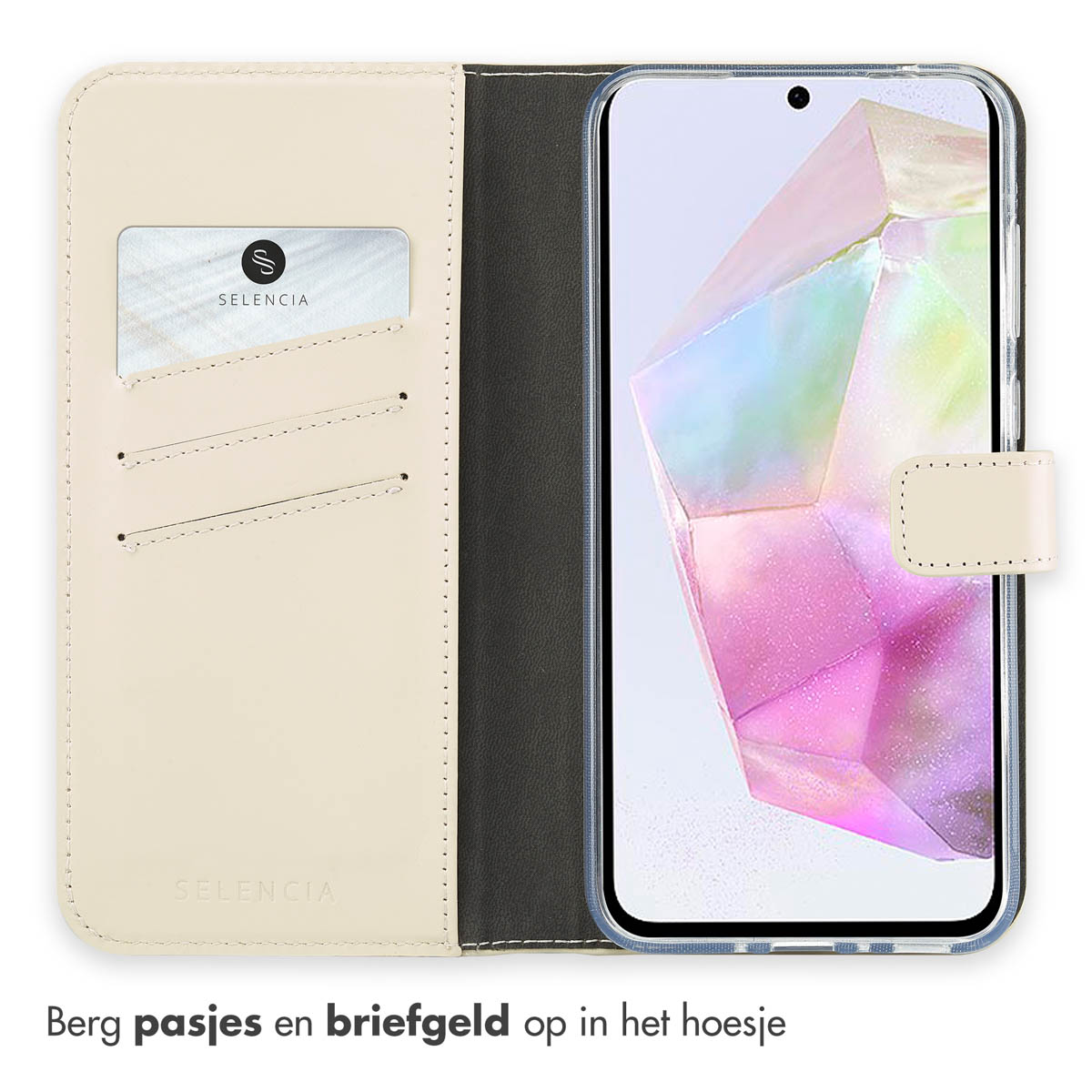Een telefoonhoesje met gleuven voor kaarten en contant geld, open om de binnenkant te laten zien.