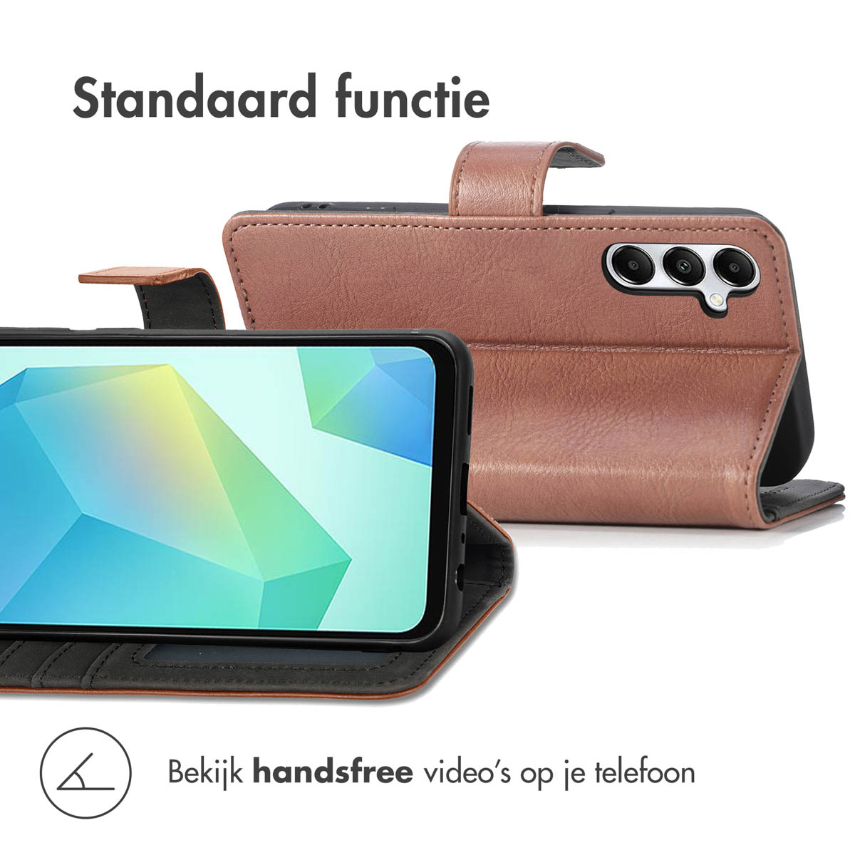 Een telefoon in een lichtbruine hoes wordt open weergegeven, met een scherm met een afbeelding. De hoes heeft een magnetische sluiting.