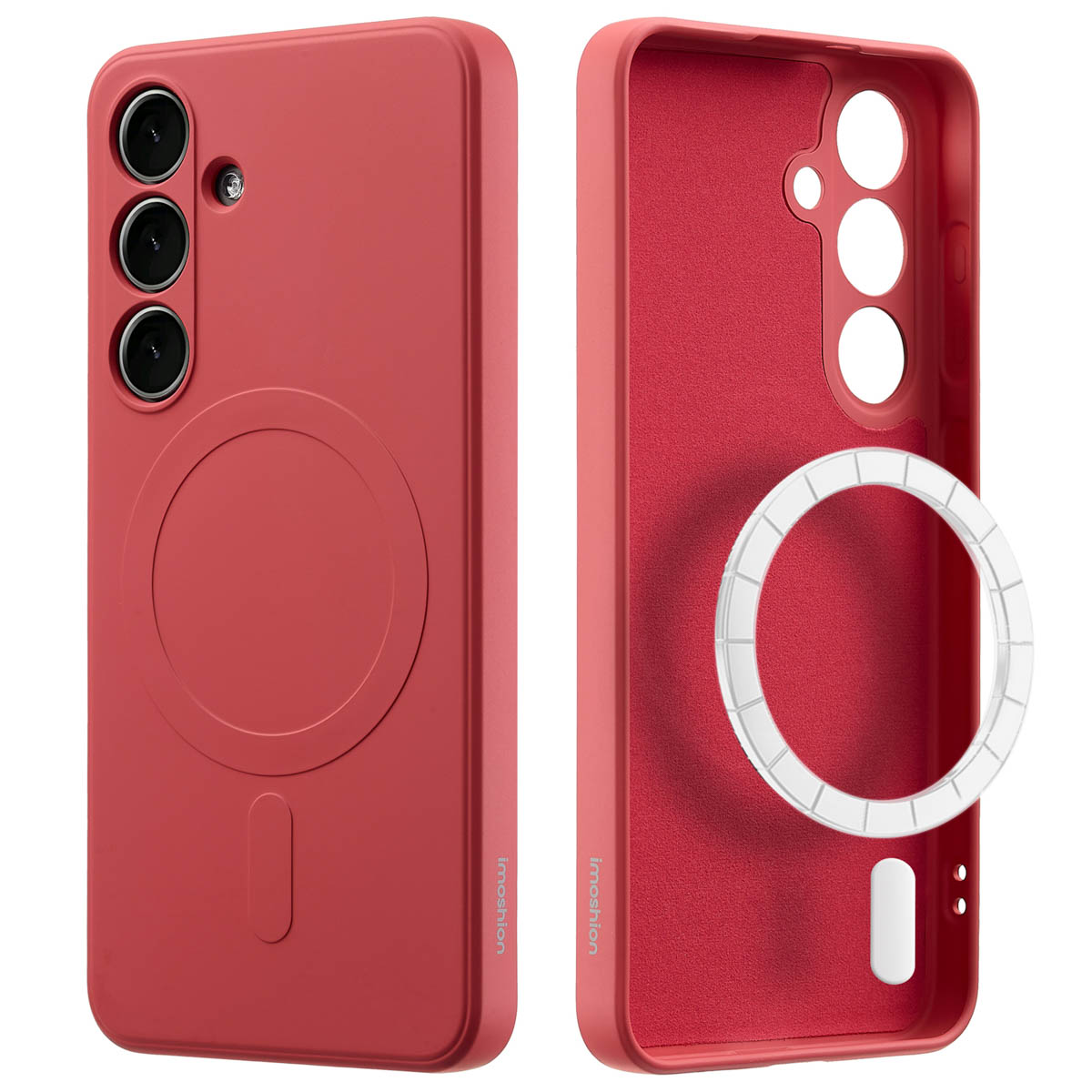 Rode telefoonhoes met een magnetische cirkel op de achterkant. De binnenkant is rood met een witte magnetische cirkel.