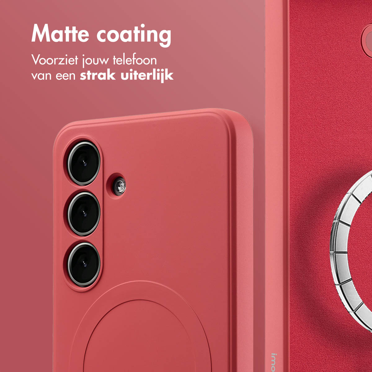 Een close-up van een rood telefoonhoesje met een matte afwerking, met een strak en modern design.