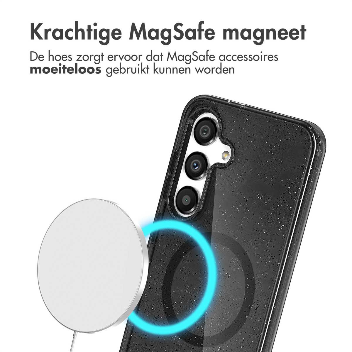 Zwart telefoonhoesje met magsafe magneet. Witte cirkel op de achterkant. Witte oplader.
