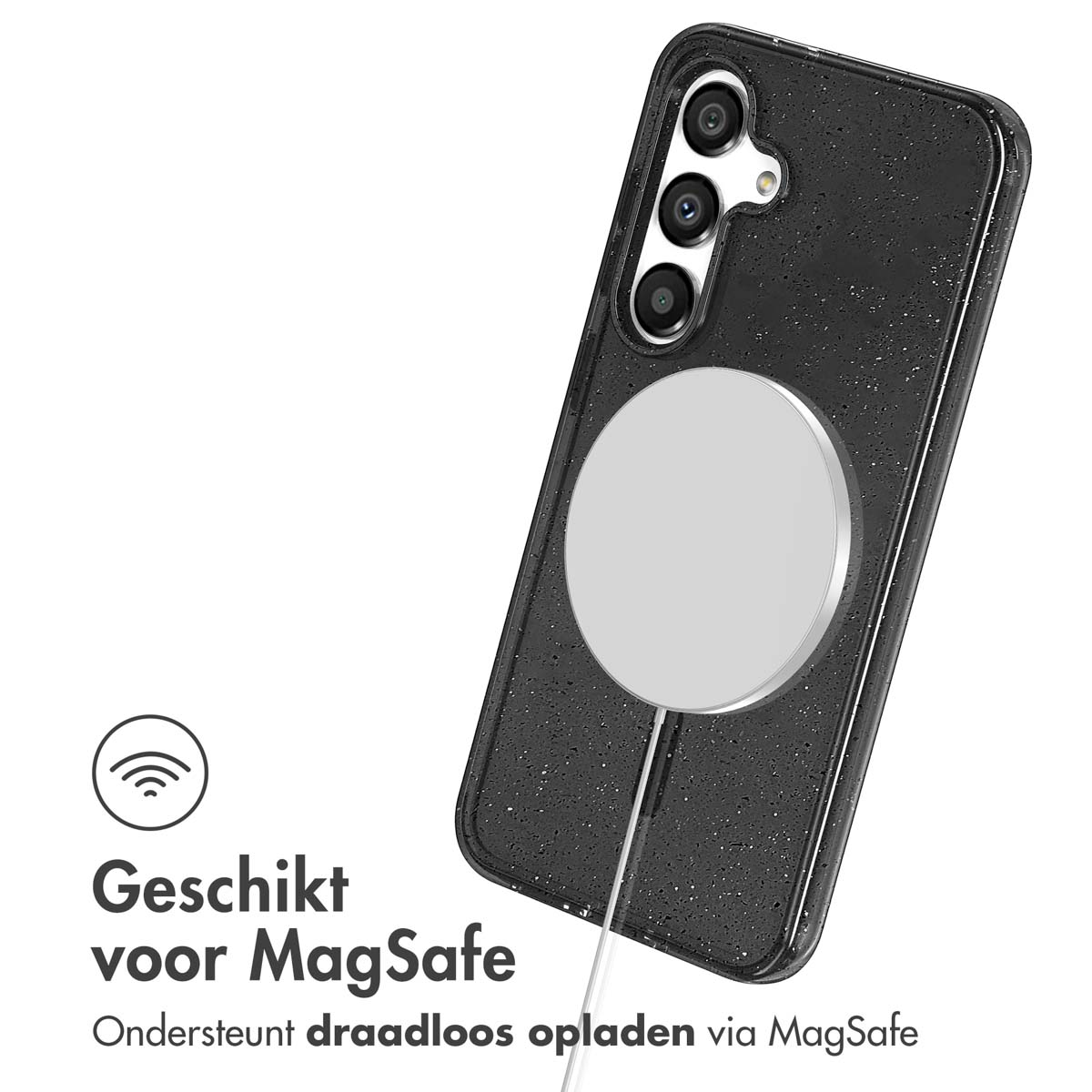 Een zwarte telefoonhoes met een MagSafe-ring, een telefoon en een symbool voor draadloos opladen. Donkere achtergrond.