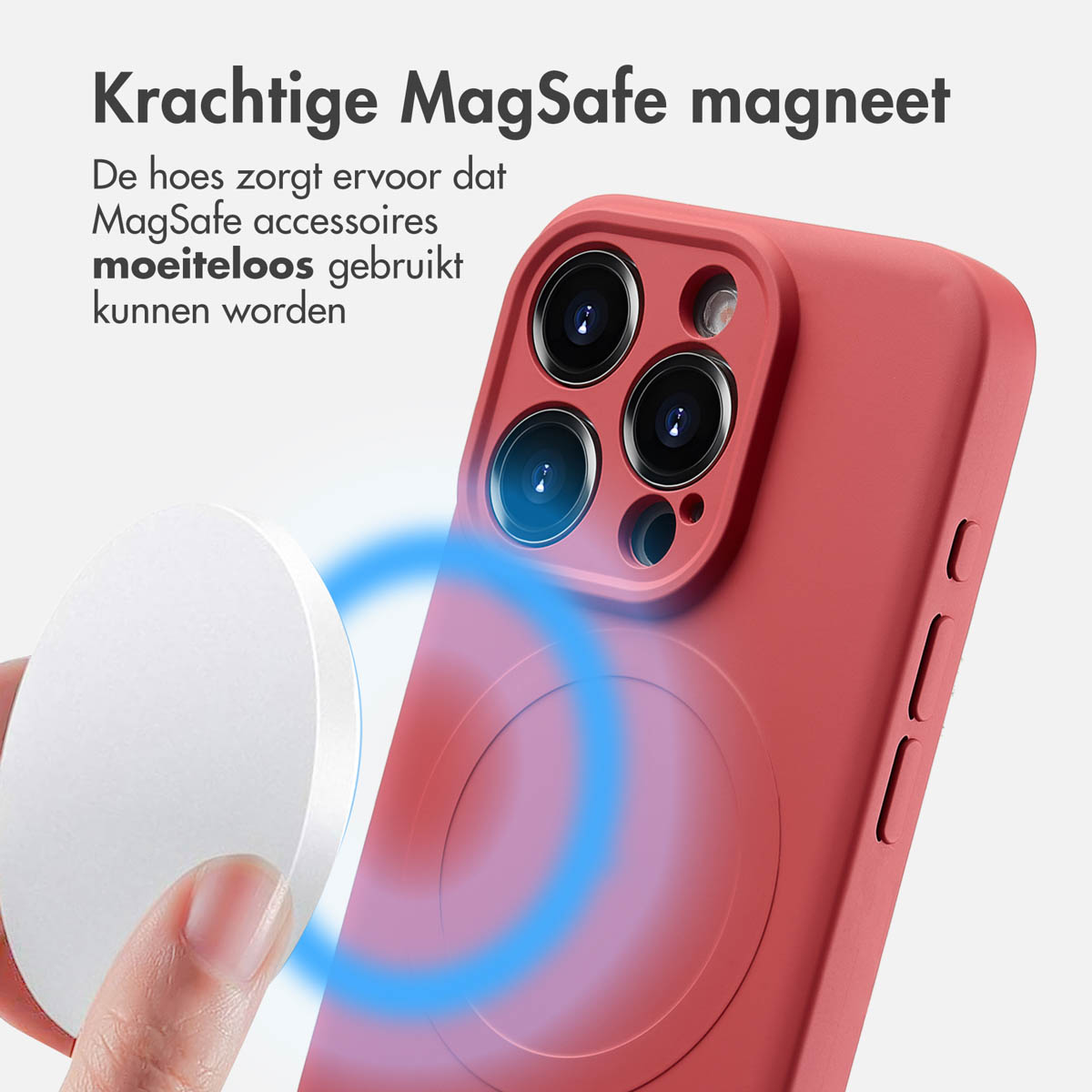 Une coque de téléphone rouge avec un chargeur MagSafe, montrant la fixation magnétique et la facilité d'utilisation.