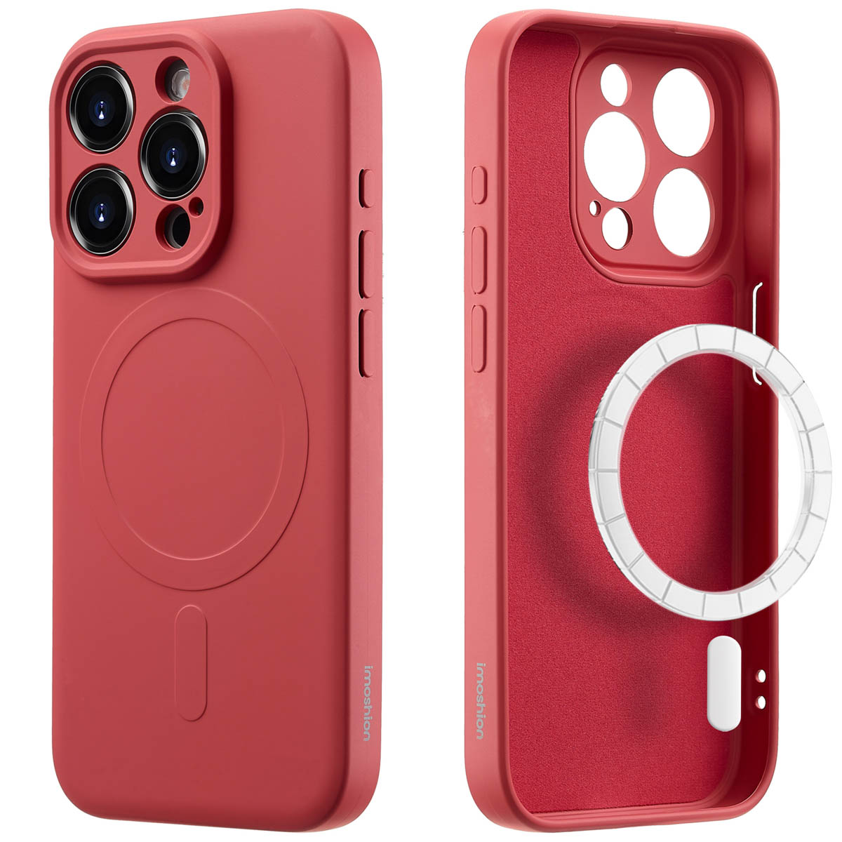 Coque de téléphone rouge avec anneau MagSafe et téléphone à l'intérieur. Montre l'intérieur et l'extérieur.