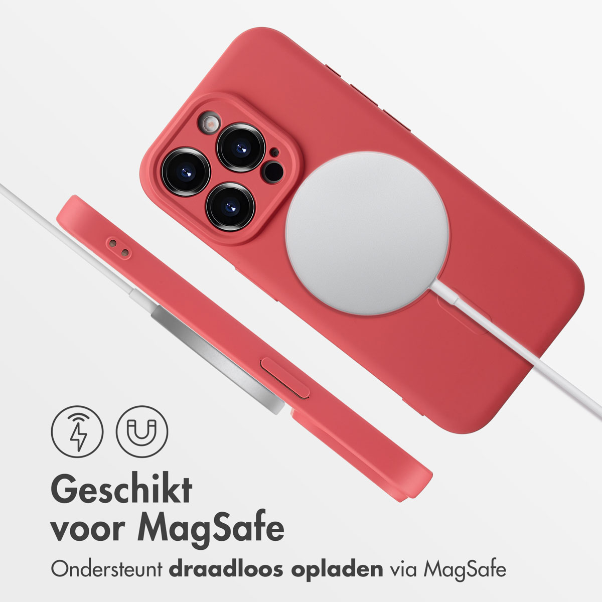 Téléphone rouge avec chargeur. Prend en charge la recharge sans fil MagSafe.