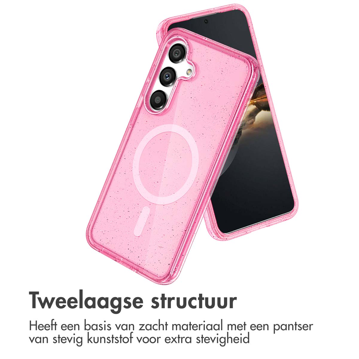 Roze glitter telefoonhoesje met doorzichtige achterkant en zwarte telefoon. Toont heldere magnetische cirkel.