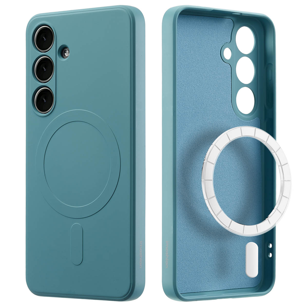 Een blauwe telefoonhoes en de onderdelen ervan. Er is een telefoon en een ring.