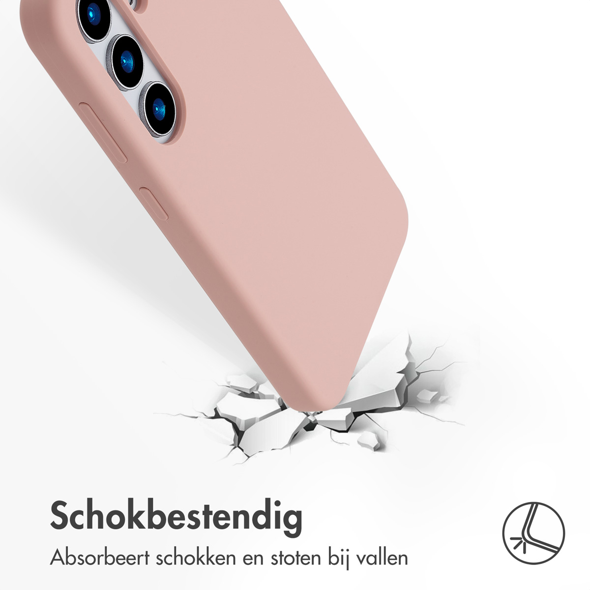 Eine rosa Handyhülle, die herunterfällt. Die Hülle ist kurz davor, auf eine Oberfläche zu treffen und sie zu zerbrechen.