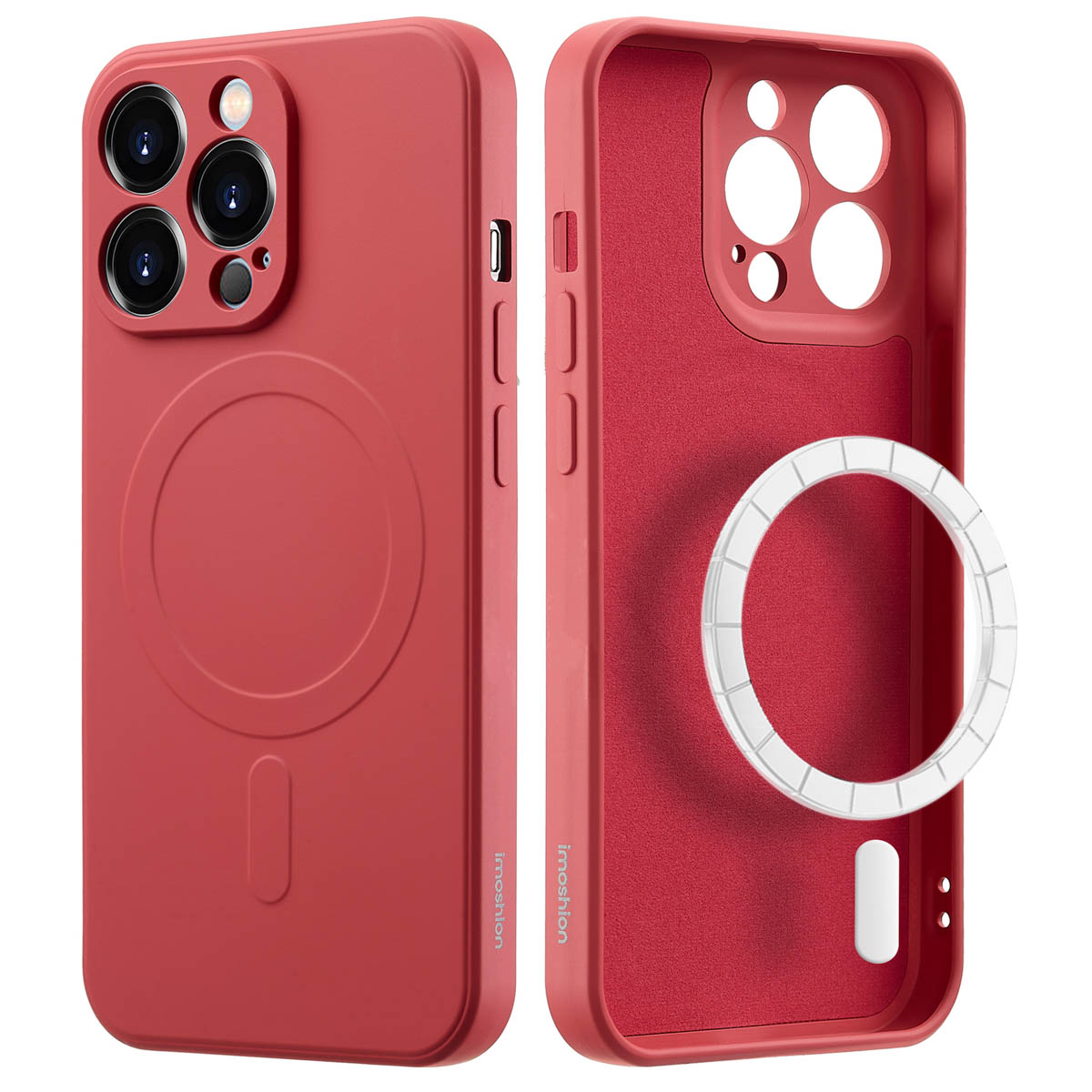 Rode telefoonhoes met telefoon erin. De voor- en achterkant van de hoes laten zien. De achterkant heeft een magnetische cirkel.