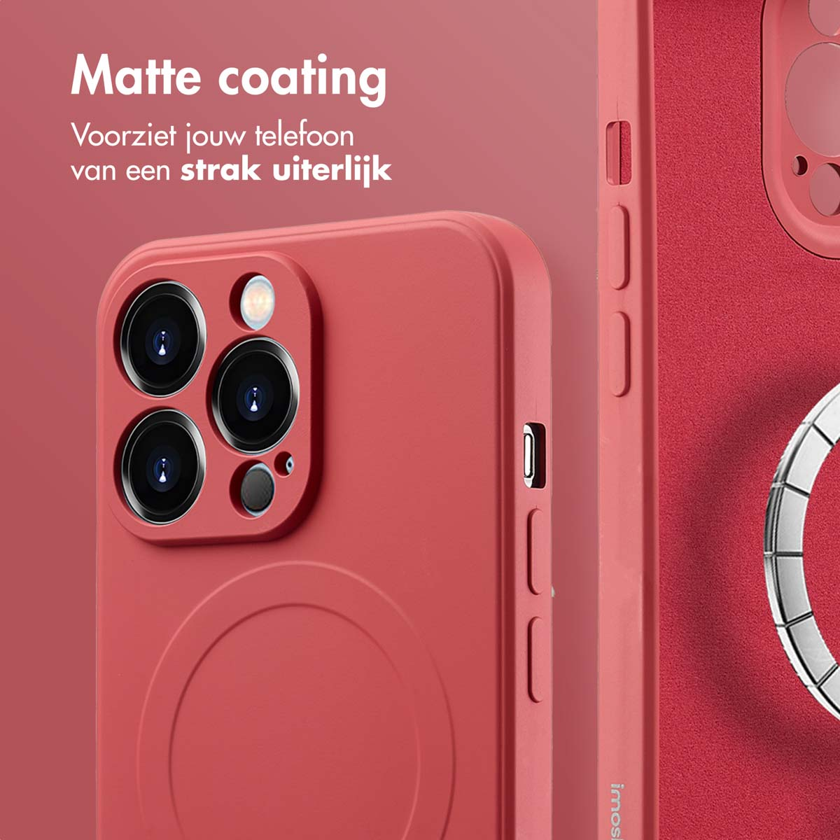 Een rode telefoonhoes op een telefoon. Tekst: Matte coating zorgt voor een strakke uitstraling.