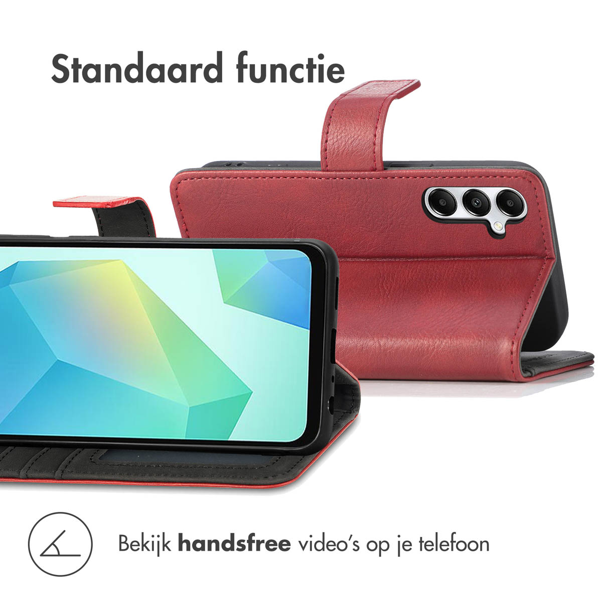 Een telefoon in een rode hoes is open om het scherm te tonen. Achter hem staat een andere rode hoes.