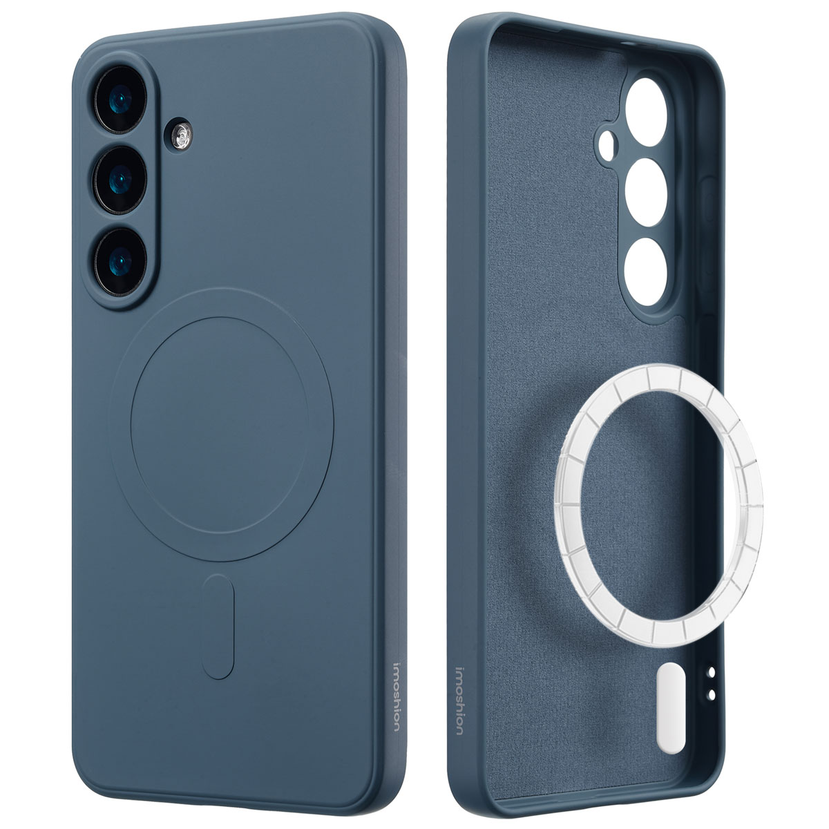 Blauw telefoonhoesje met een magnetische cirkel. De binnenkant van de case is blauw met een witte cirkel.