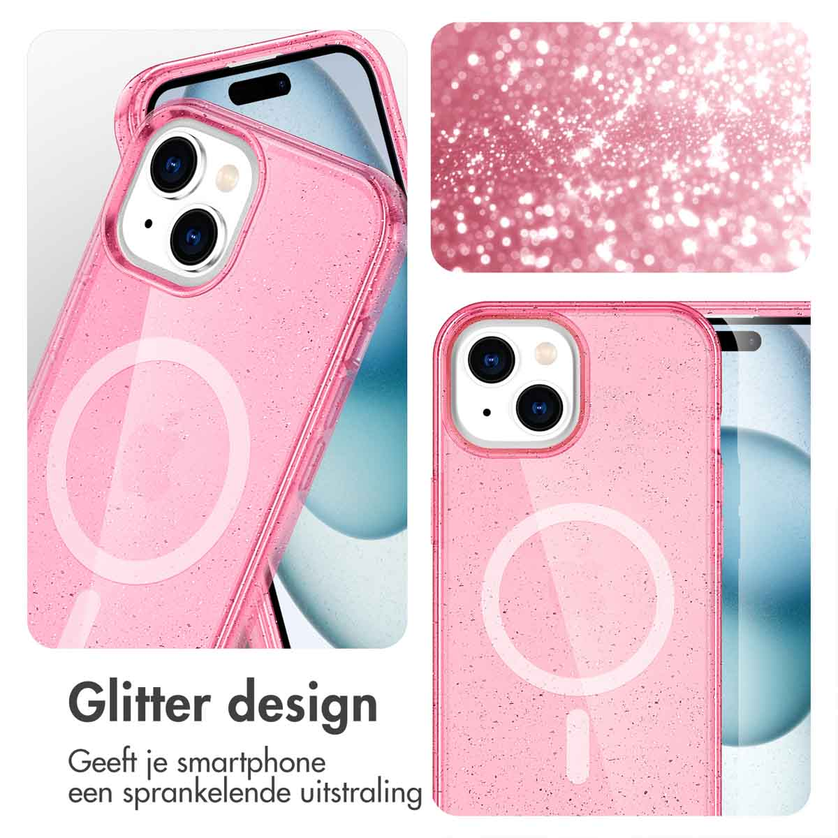 Two pink phone cases with glitter are shown with a phone.