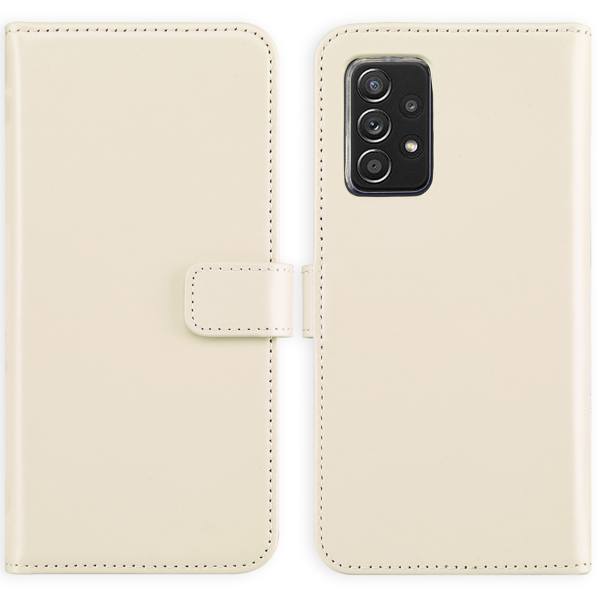 Een telefoonhoesje open, met een telefoon erin. De hoes is lichtbeige, met een witte achtergrond.