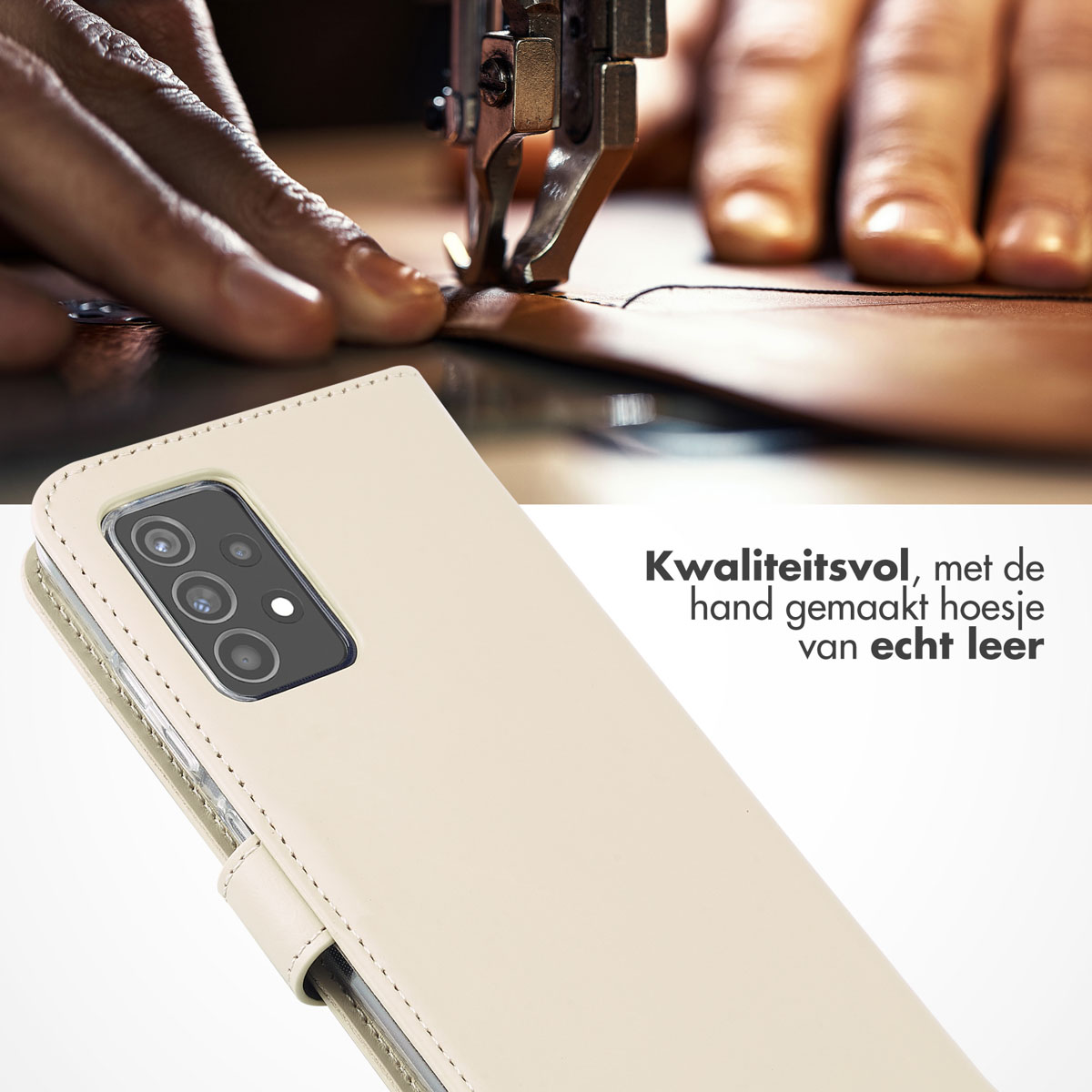 Telefoonhoesje wordt genaaid. De hoes is crèmekleurig en van leer.
