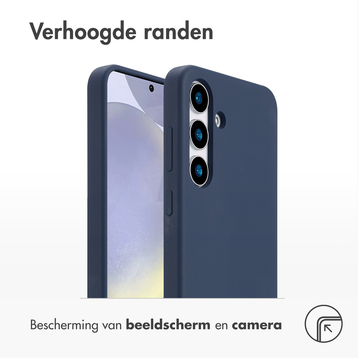 Blauwe telefoonhoes met verhoogde randen. De telefoon heeft drie cameralenzen.