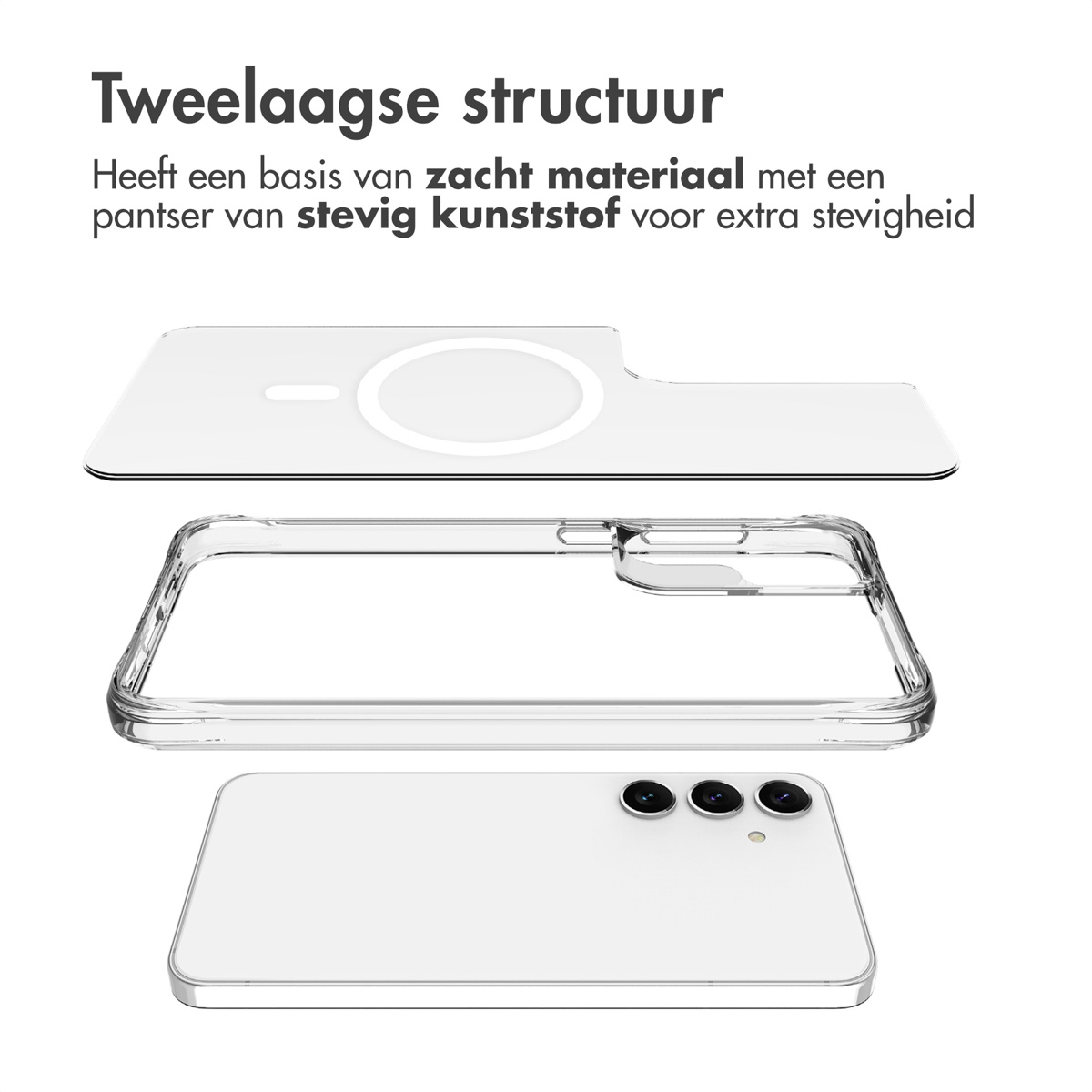 Coque transparente avec cercle MagSafe blanc. Le téléphone est transparent.