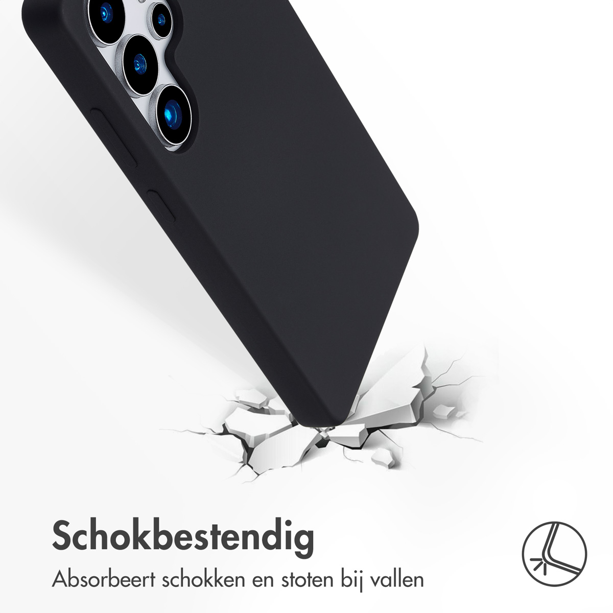 Een zwarte telefoonhoes, en scheuren op de grond. Witte achtergrond, met een vallende telefoon.