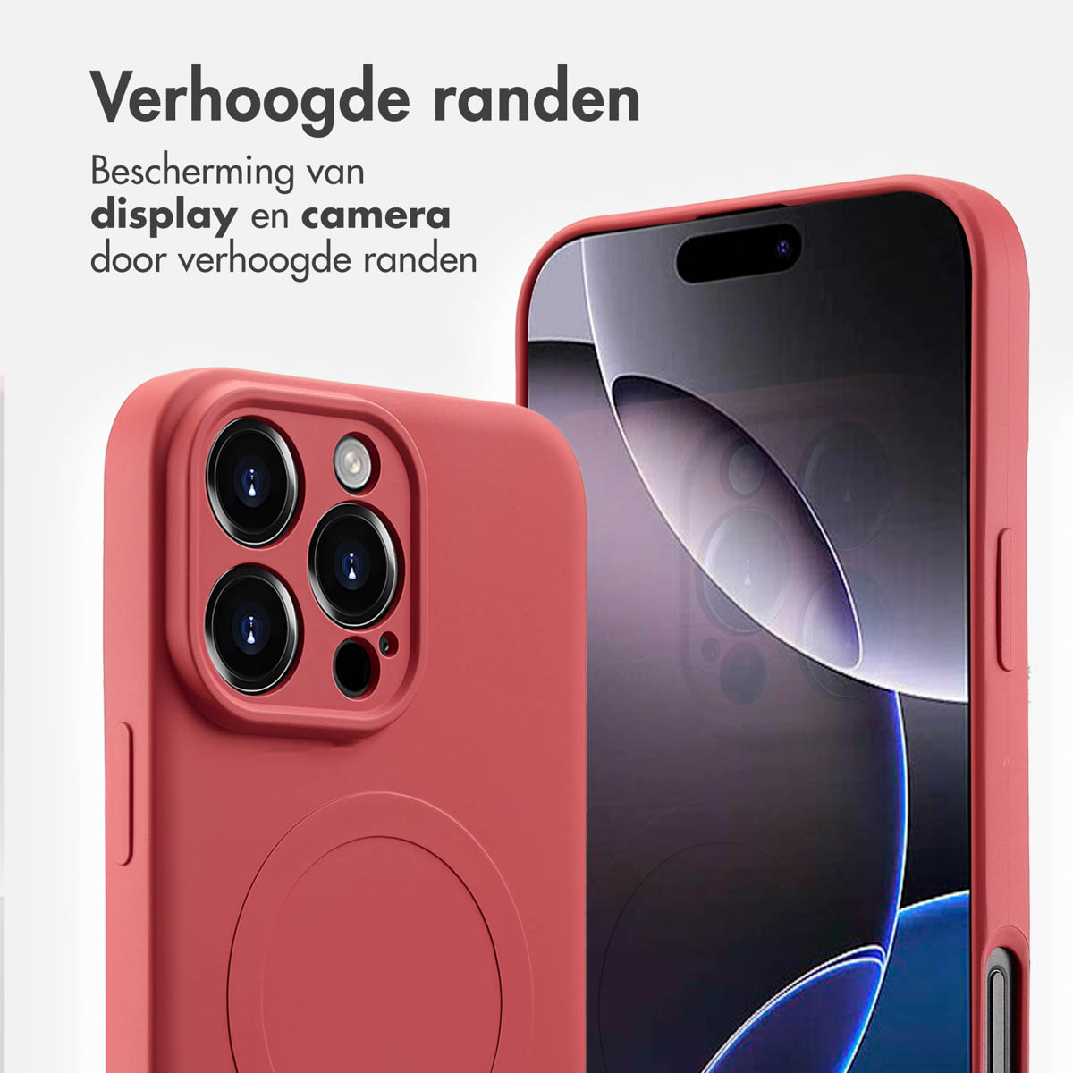 Deux coques de téléphone rouges. L'une montre l'arrière avec la caméra et l'autre couvre le téléphone.