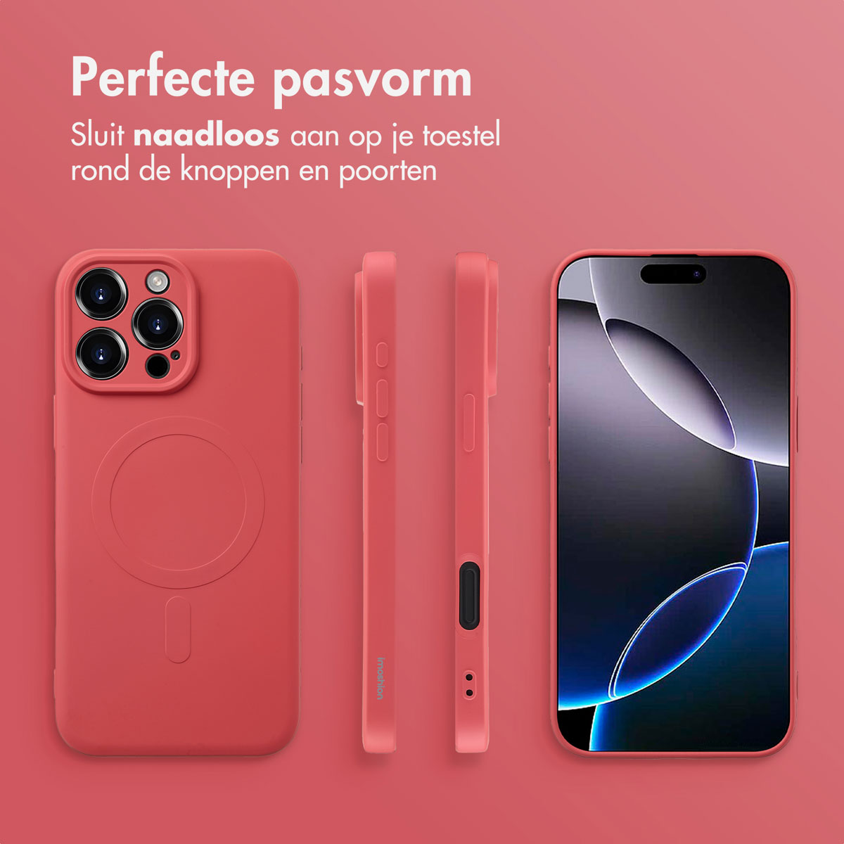 Coque de téléphone rose avec téléphone. La coque et le téléphone sont roses avec un design MagSafe.