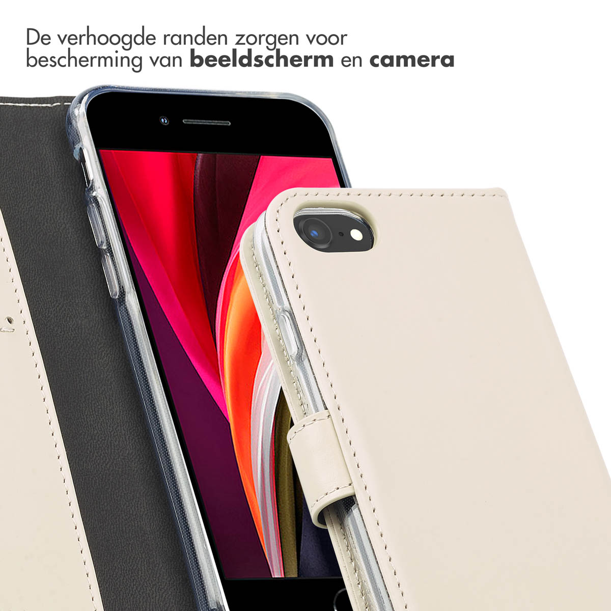 Een telefoonhoes beschermt de telefoon. De hoes is lichtbeige van kleur. De tekst zegt dat de hoes het scherm en de camera beschermt.
