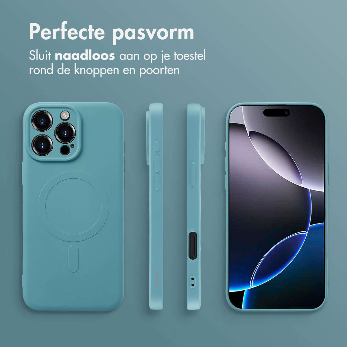 Turquoise telefoonhoesje met MagSafe en een telefoon rechts.