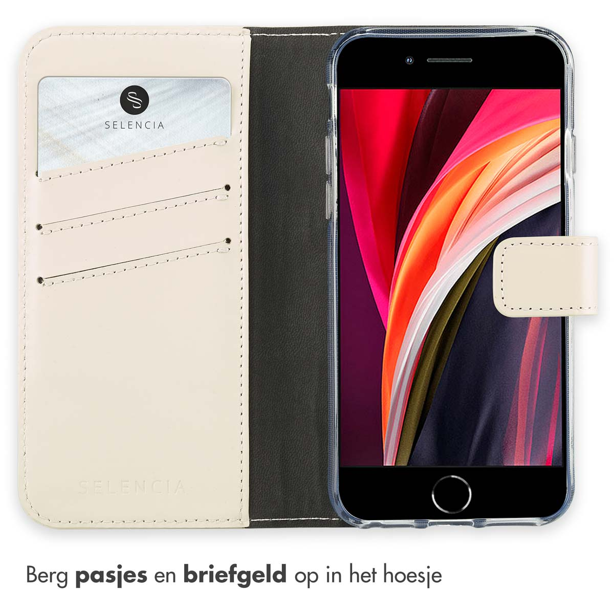 Een telefoon in een witte portemonnee-achtige hoes met kaartsleuven. Het telefoonscherm toont een kleurrijke afbeelding.