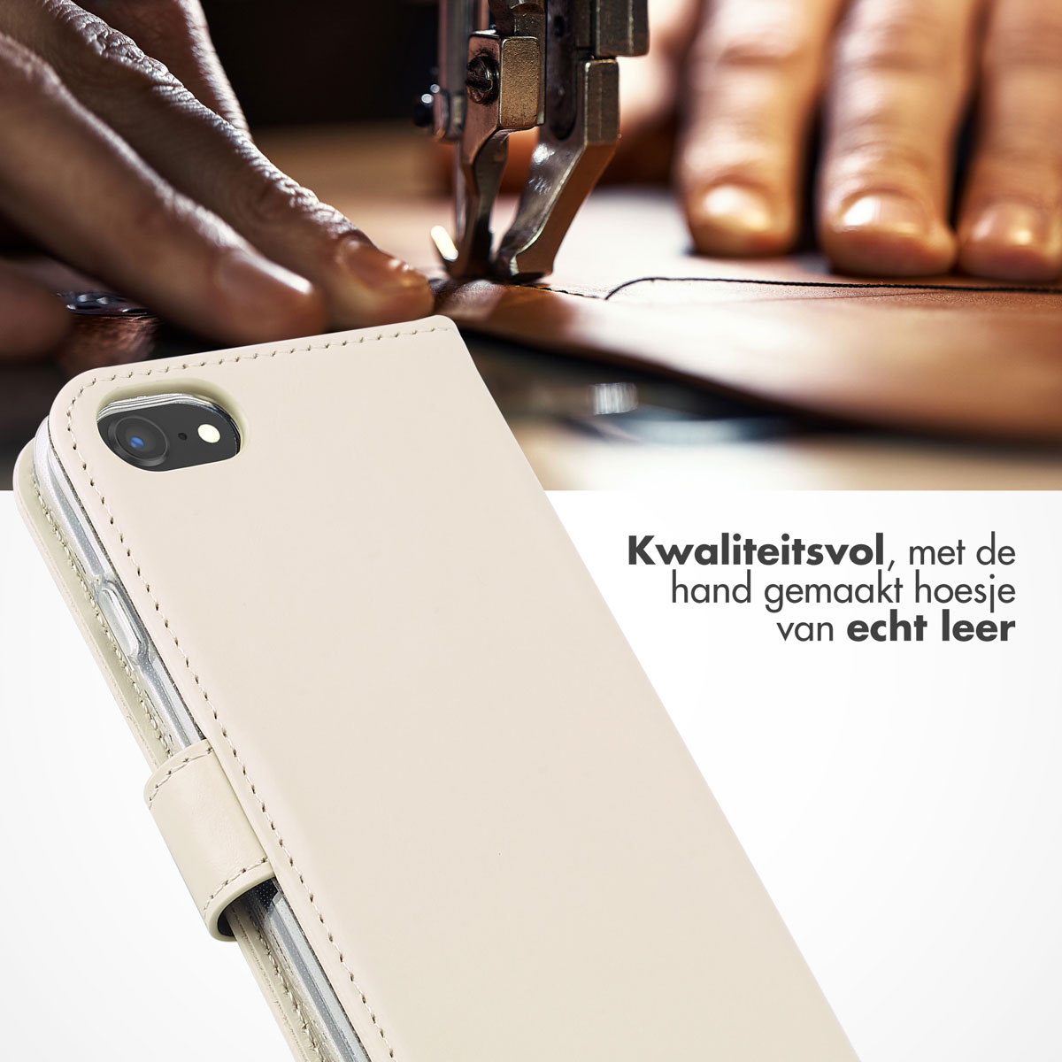 Telefoonhoesje met een gesloten klep, close-up, met tekst over kwaliteit en leer.