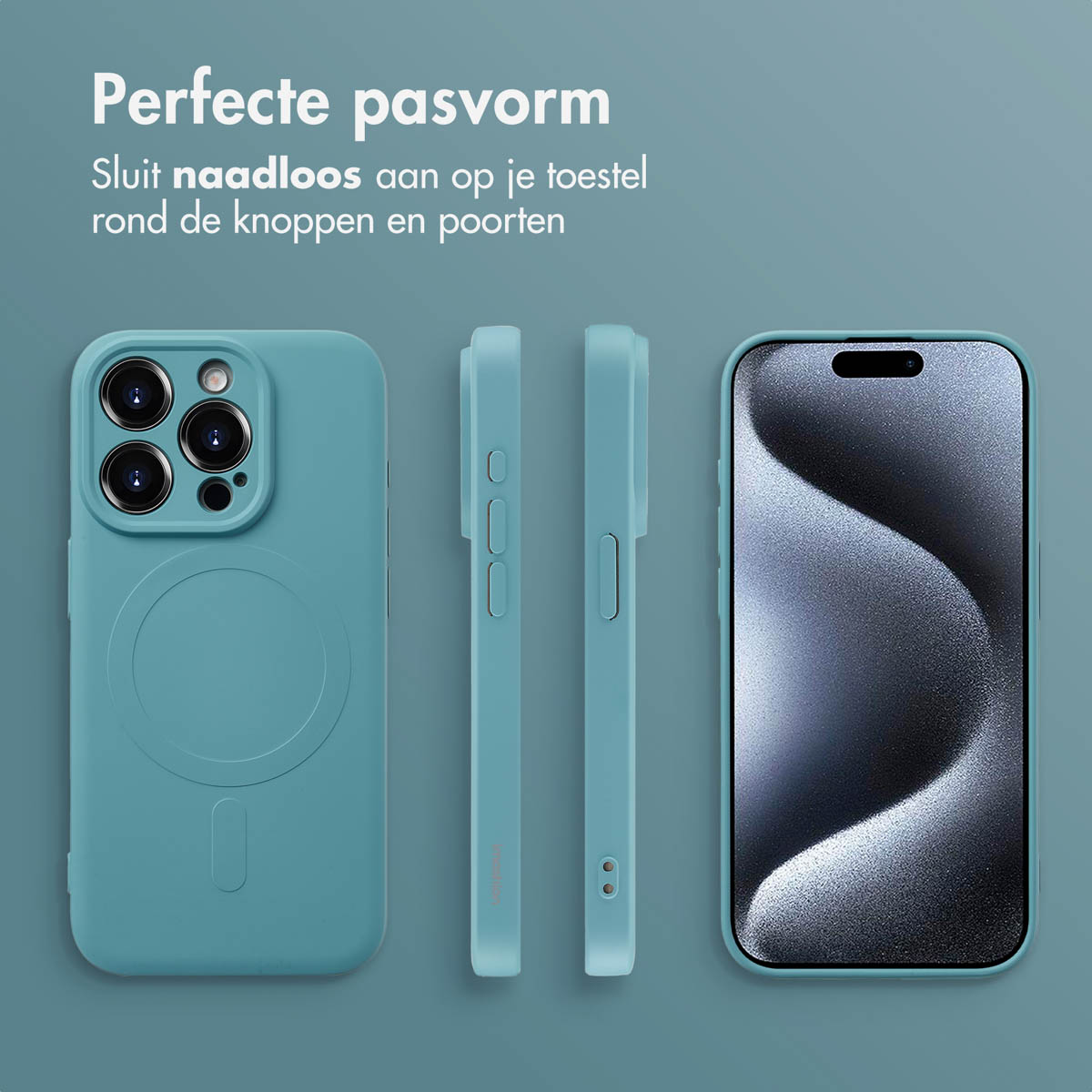Lichtblauw telefoonhoesje. Telefoon zit in de hoes. Verschillende hoeken van het hoesje.