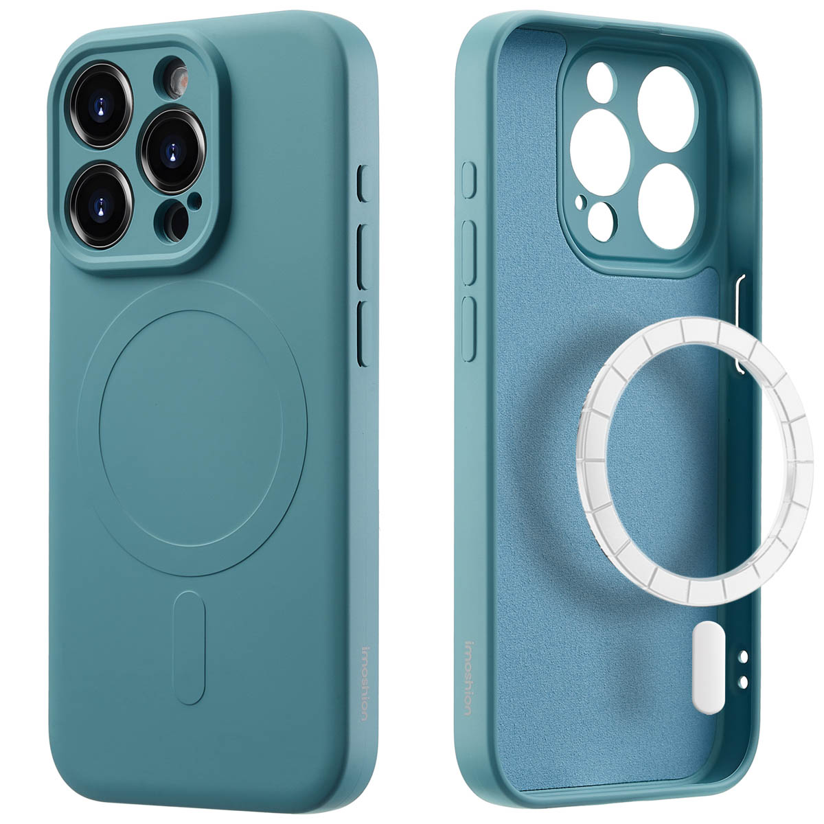 Turquoise telefoonhoesje met MagSafe-ring binnenin, open weergave.