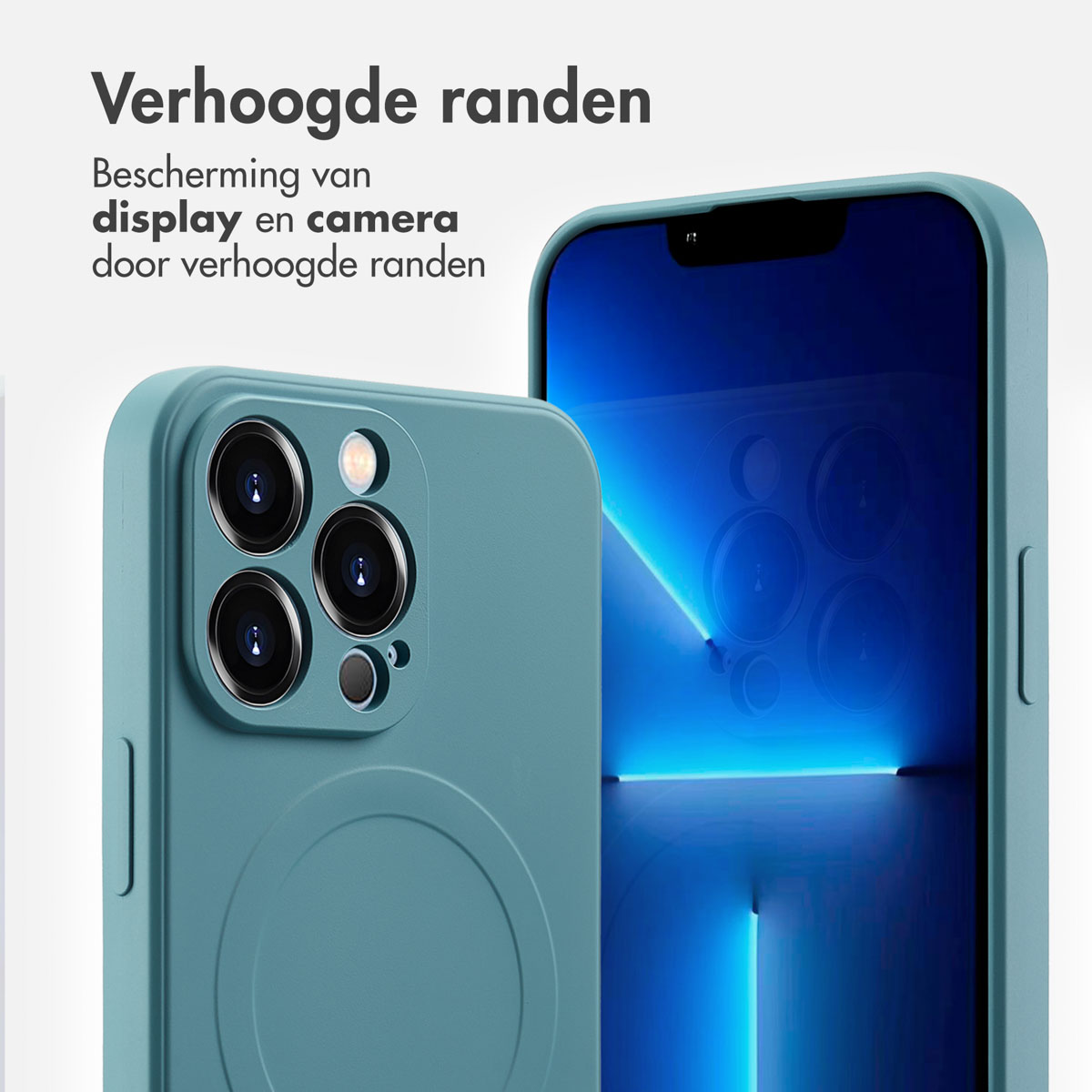 Een teal telefoonhoesje met een telefoon erin wordt getoond. De hoes heeft verhoogde randen.