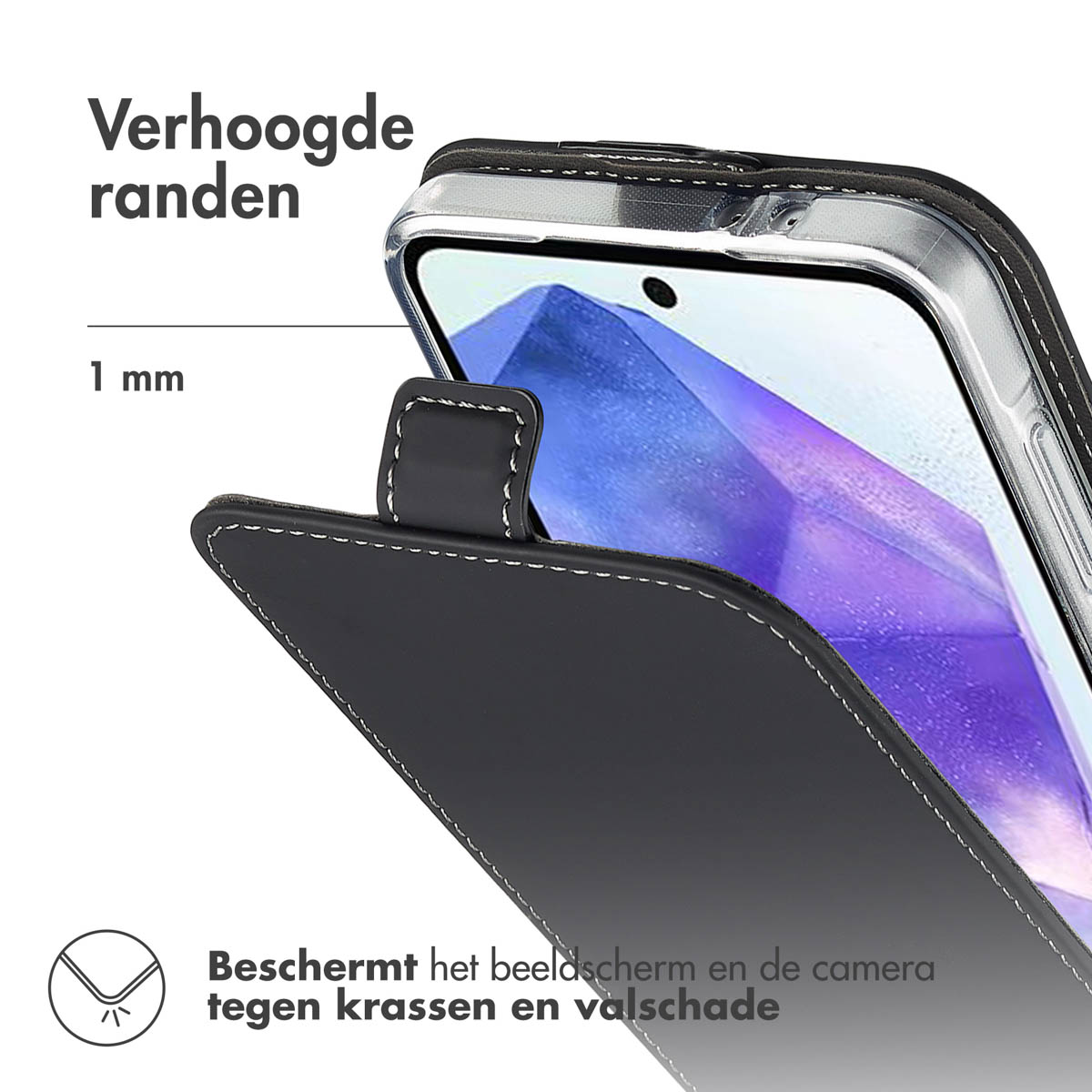 Telefoon met een zwarte case, toont de rand van de telefoon en de case. 1 mm hoogte.