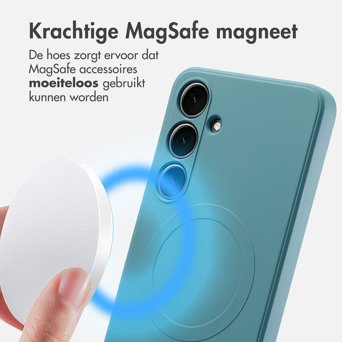 Telefoonhoesje met een magnetische oplader. Tekst: Krachtige MagSafe-magneet, de hoes maakt gemakkelijk gebruik van accessoires.