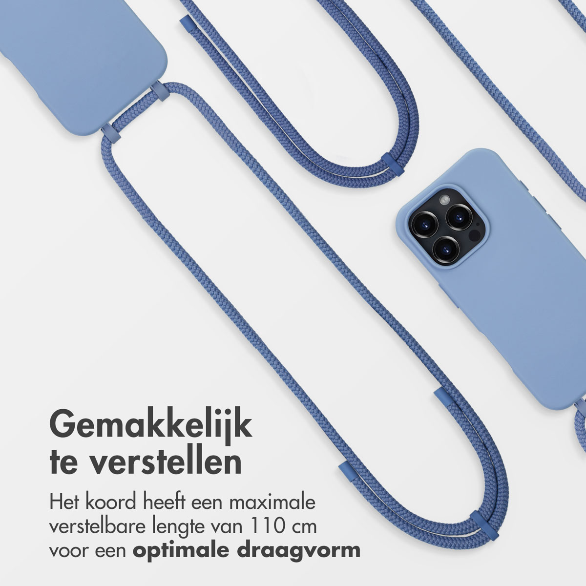 Een telefoonhoesje met een blauw koord. Het koord is om de telefoon gewikkeld.