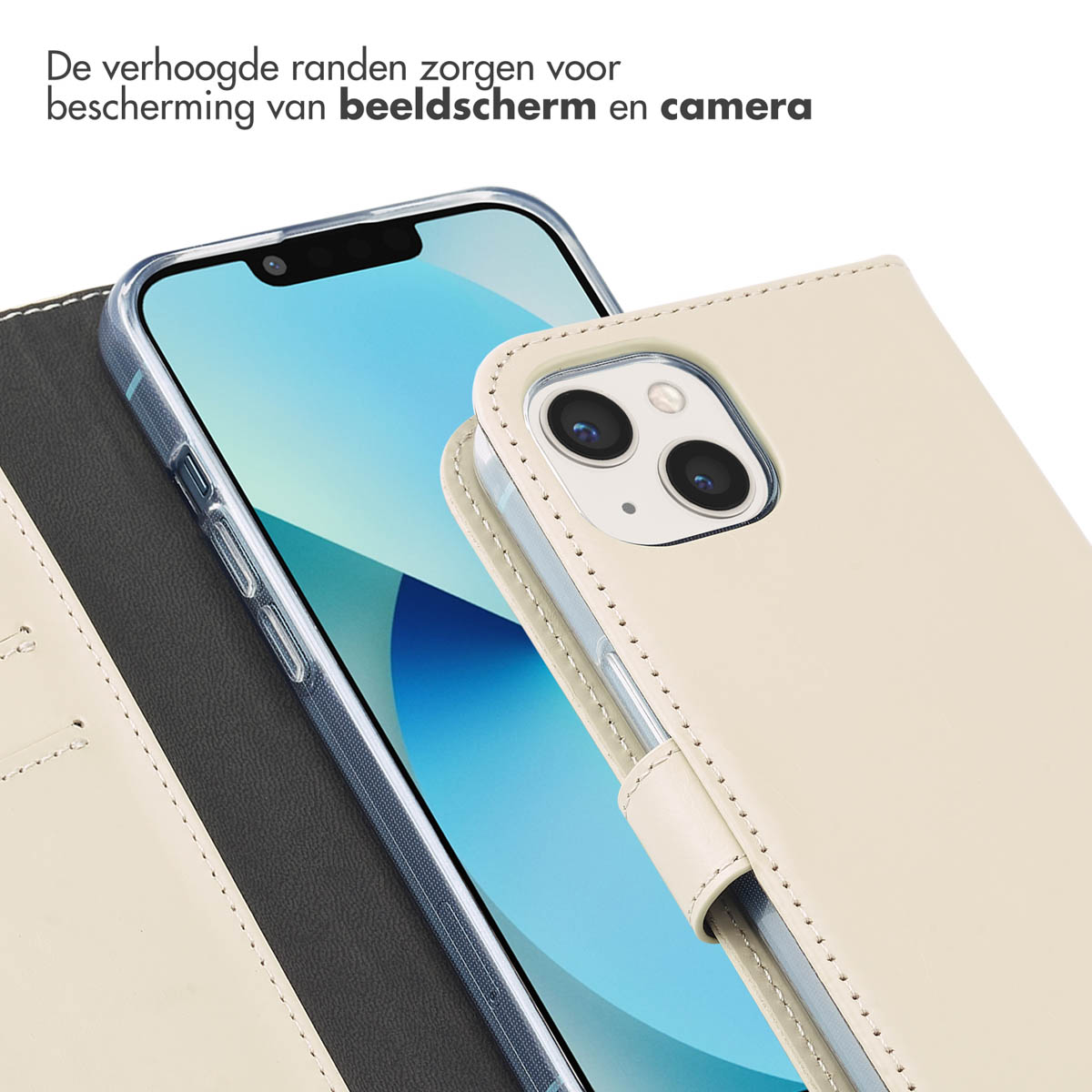 Telefoon in een leren hoesje, met een opstaande rand die het scherm en de camera beschermt. Close-up. Beige hoesje.