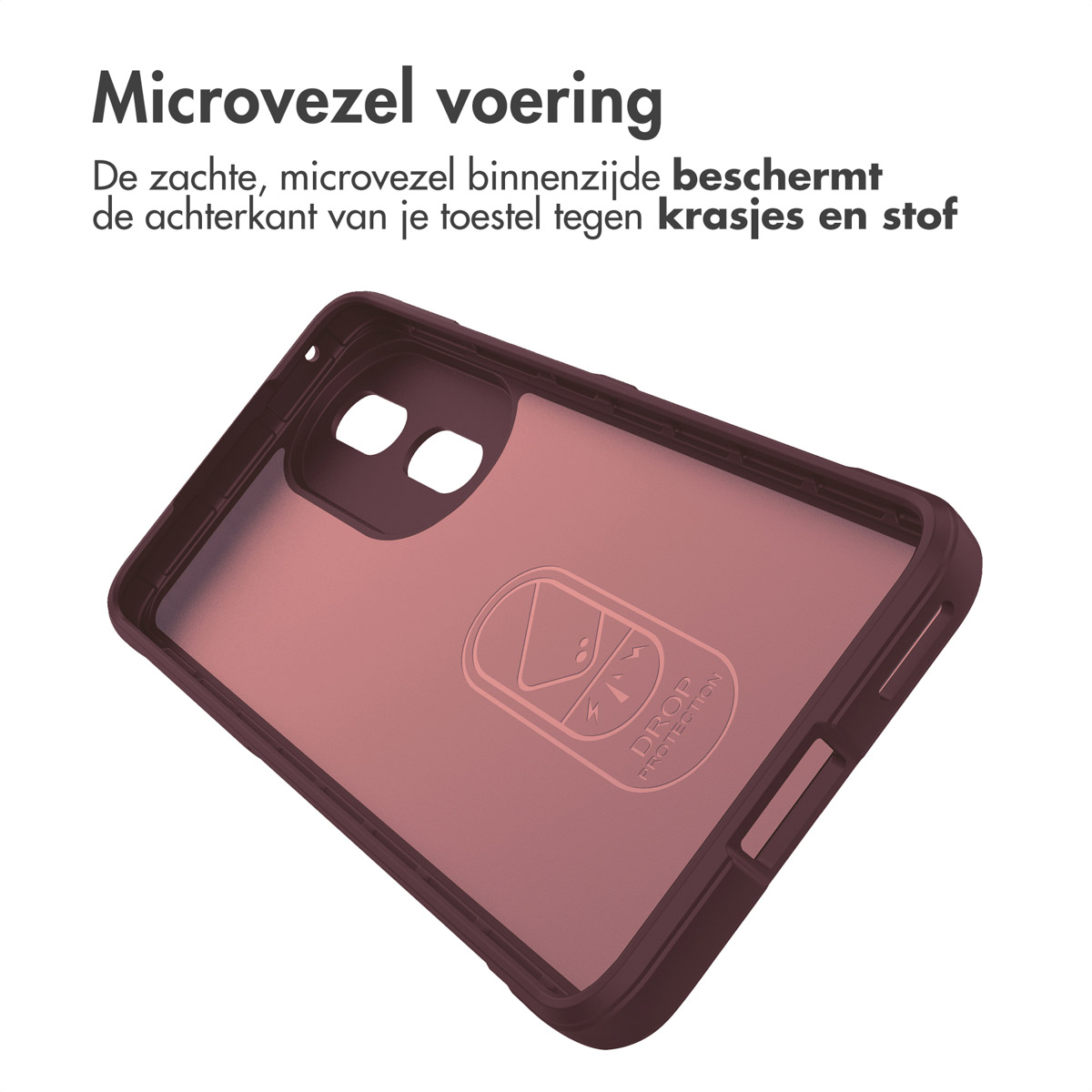 Een telefoonhoesje, roze, binnenaanzicht. Het hoesje staat op een witte achtergrond.