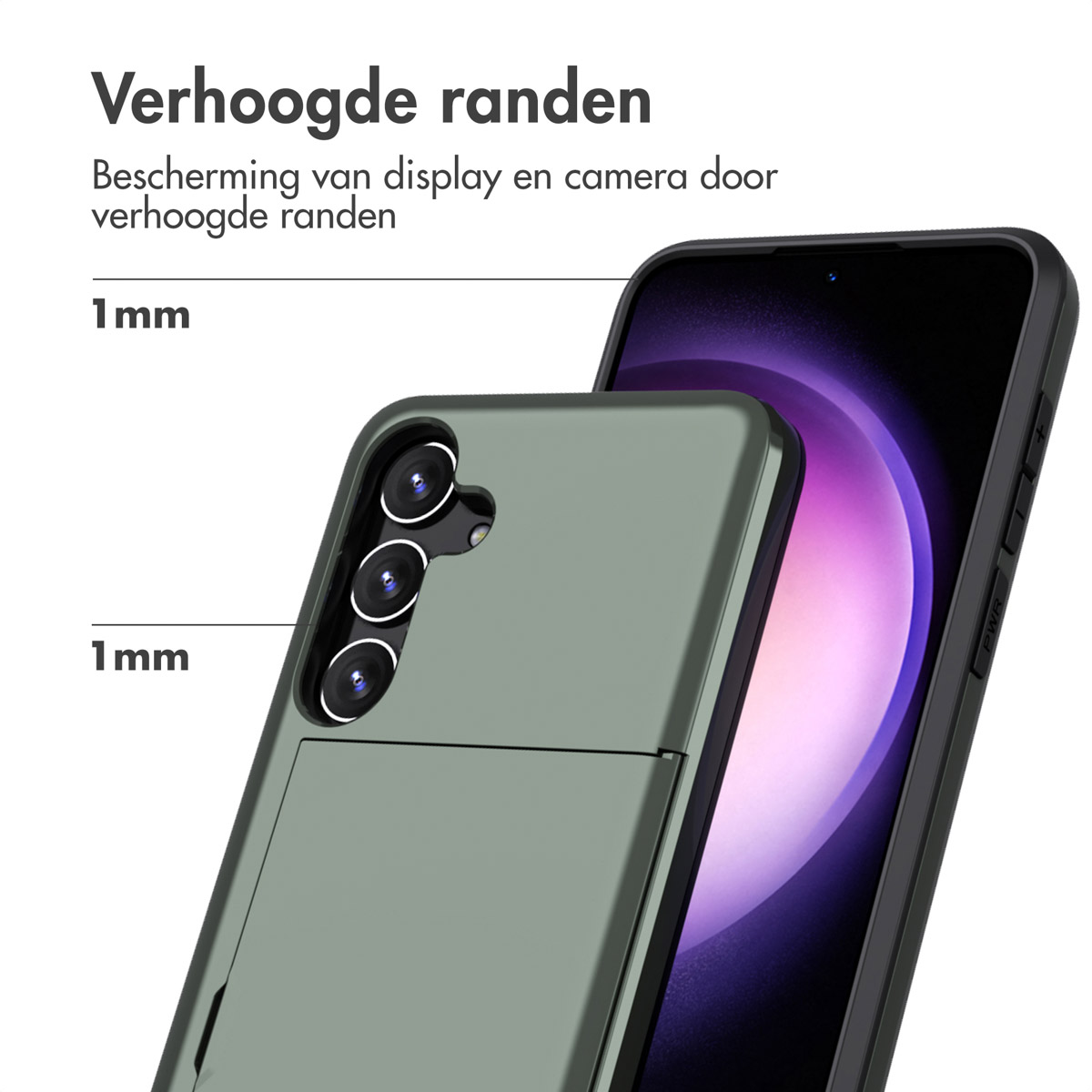Groene telefoonhoes met telefoon erin. Scherm en camera zichtbaar. Hoes heeft verhoogde randen.