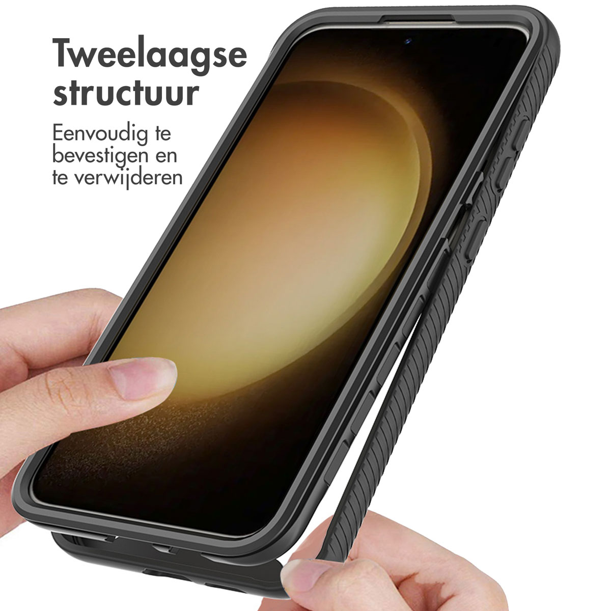 Handyhülle mit schwarzem Rahmen. Die Hülle wird geöffnet, um das Telefon im Inneren zu zeigen.