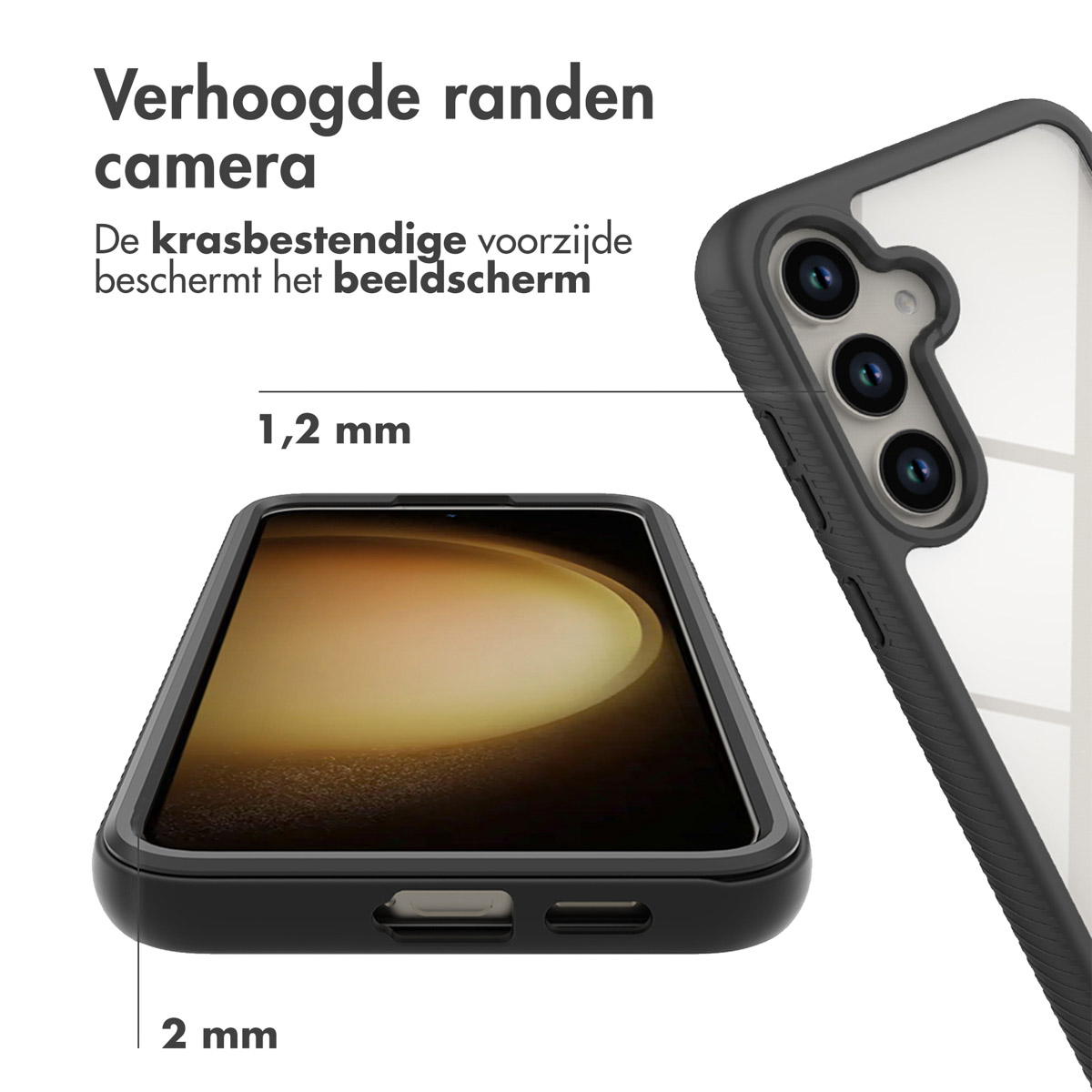 Schwarze Handyhülle mit einem Telefon darin. Nahaufnahme des Rands, zeigt Dickenmessungen.